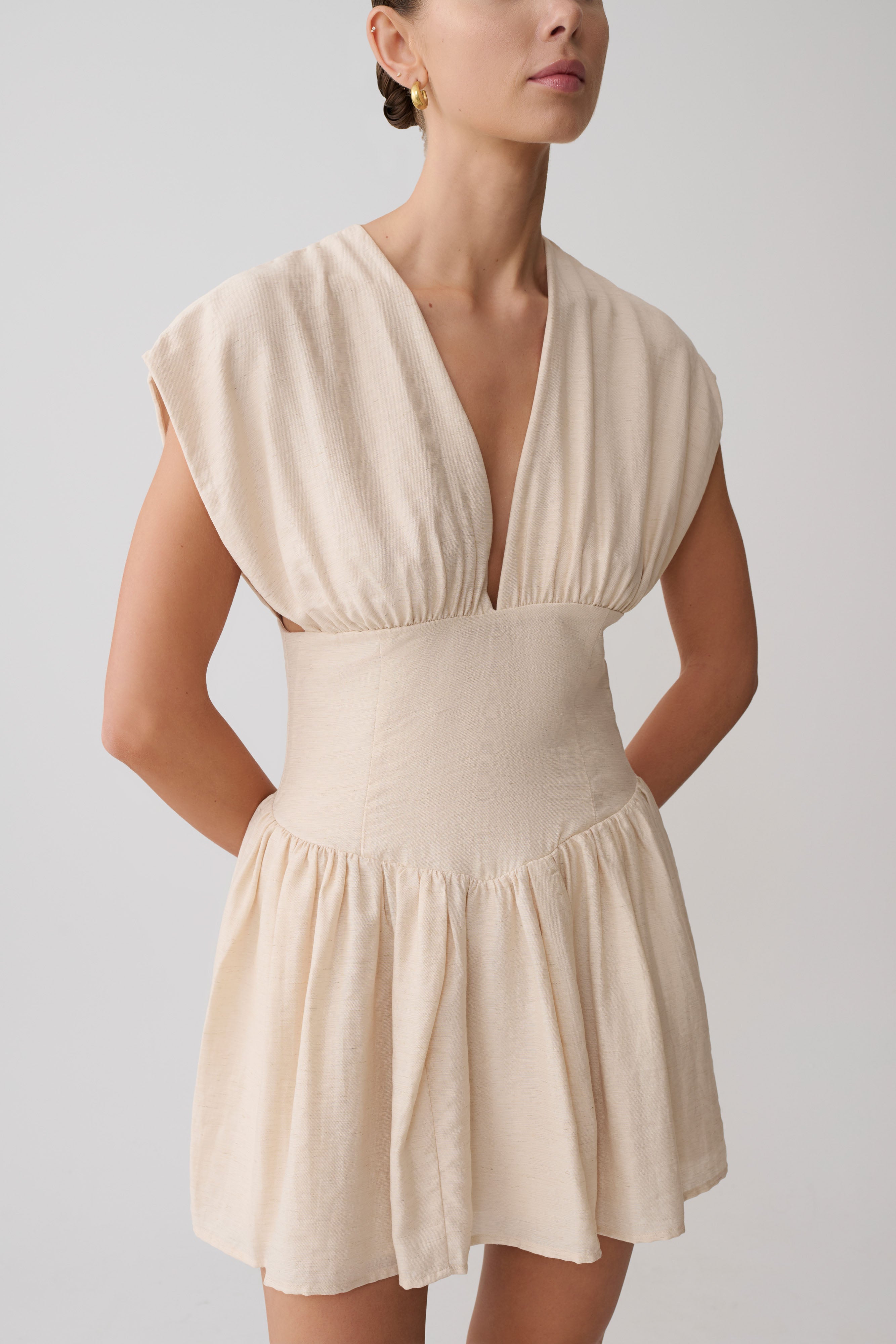 Arabella Cinched Waist Linen Mini Dress - Natural