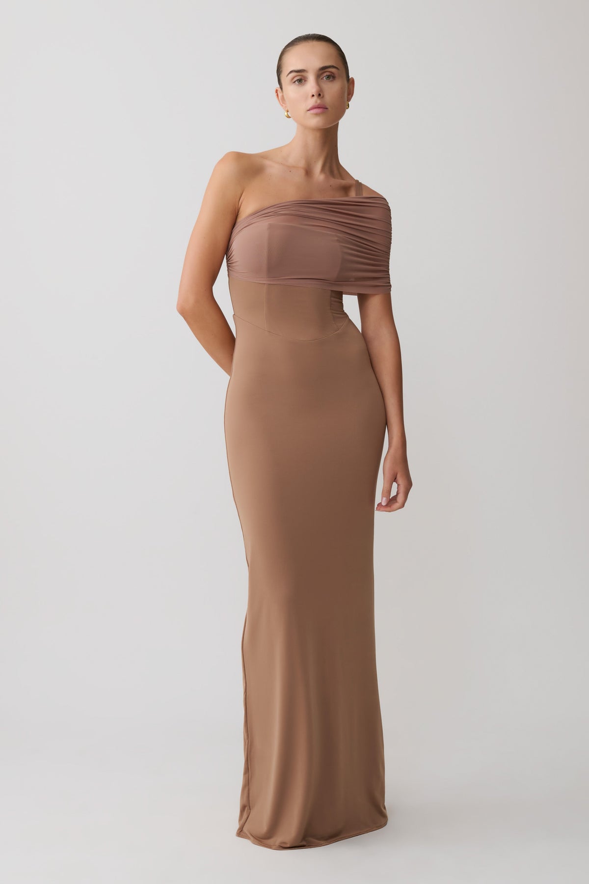 Hanh One Shoulder Mesh Maxi Dress - Tan