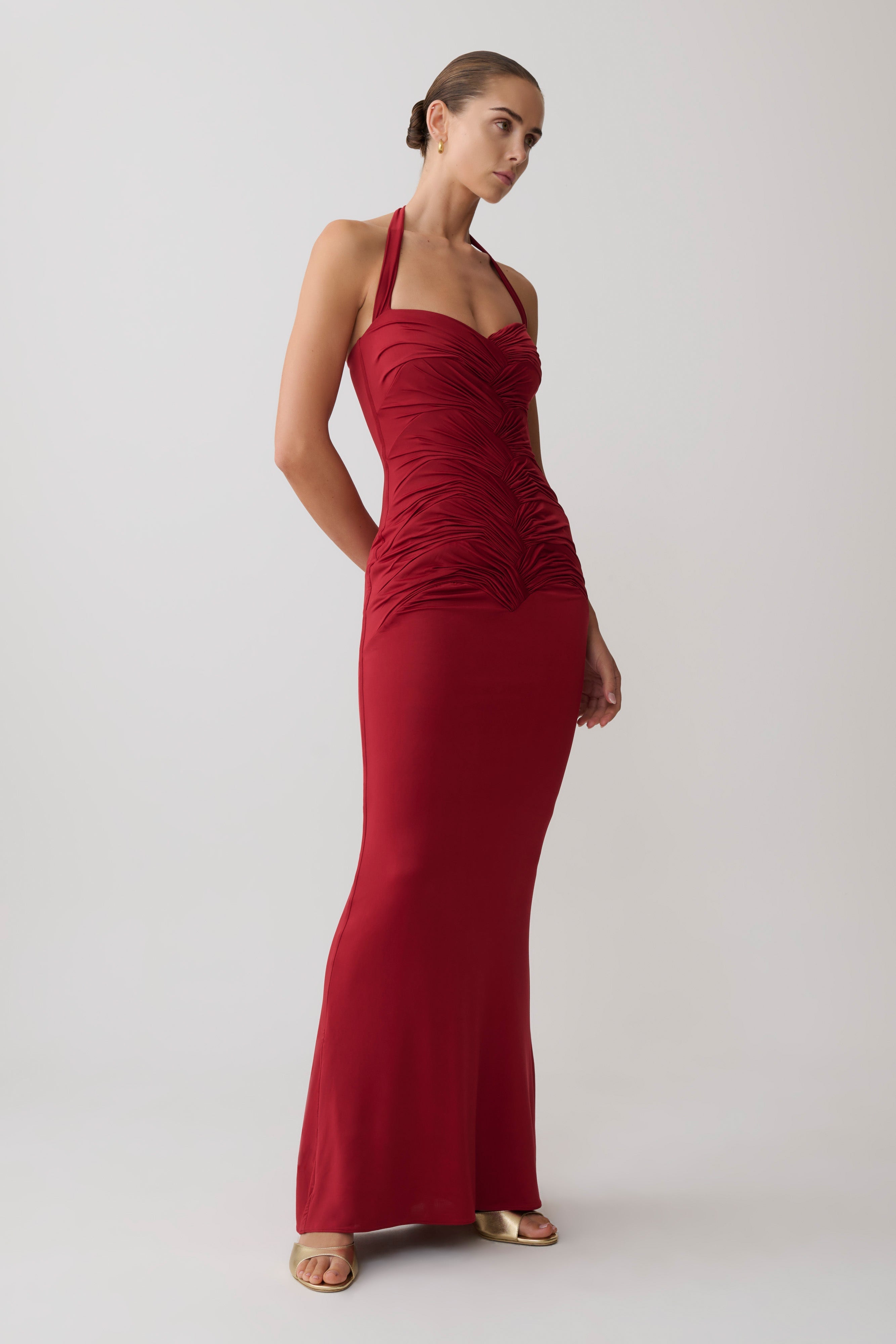 Hoai Gathered Slinky Halter Maxi Dress - Deep Red