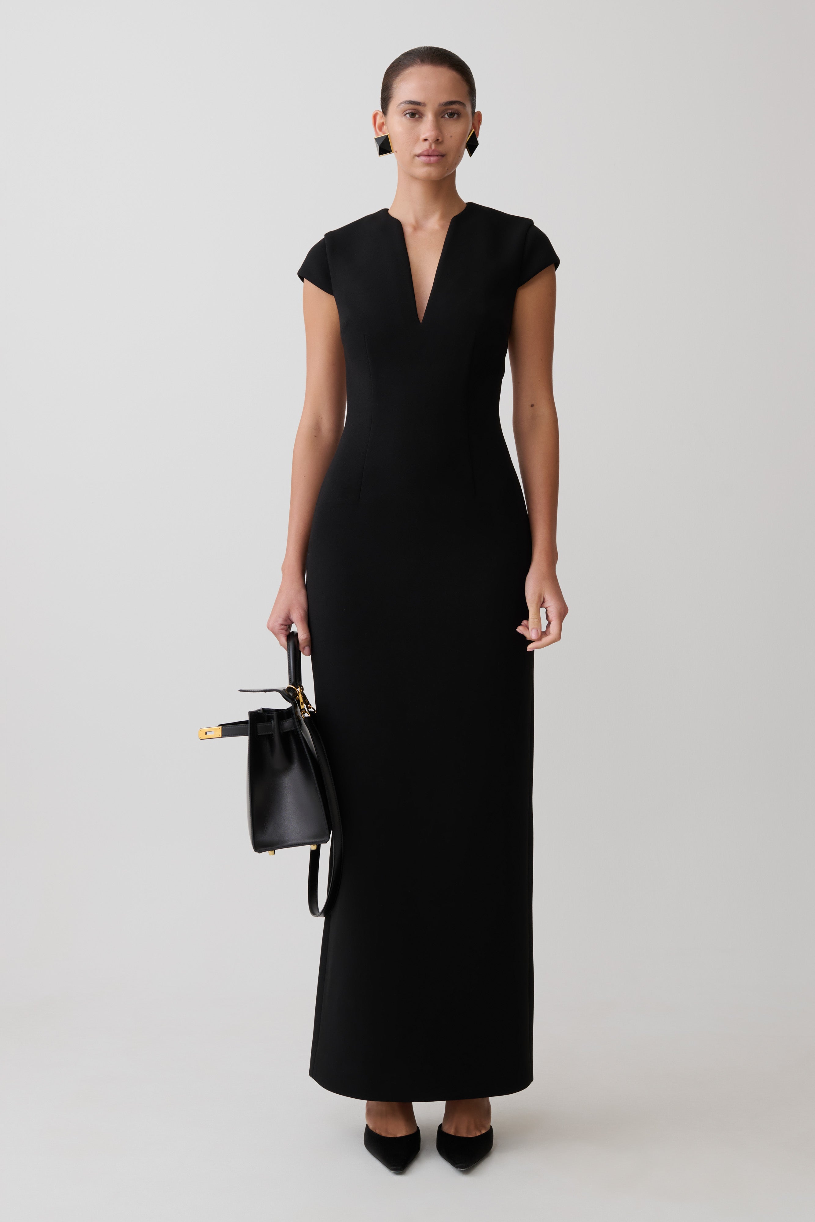 Briella V Neck Suiting Maxi Dress - Black