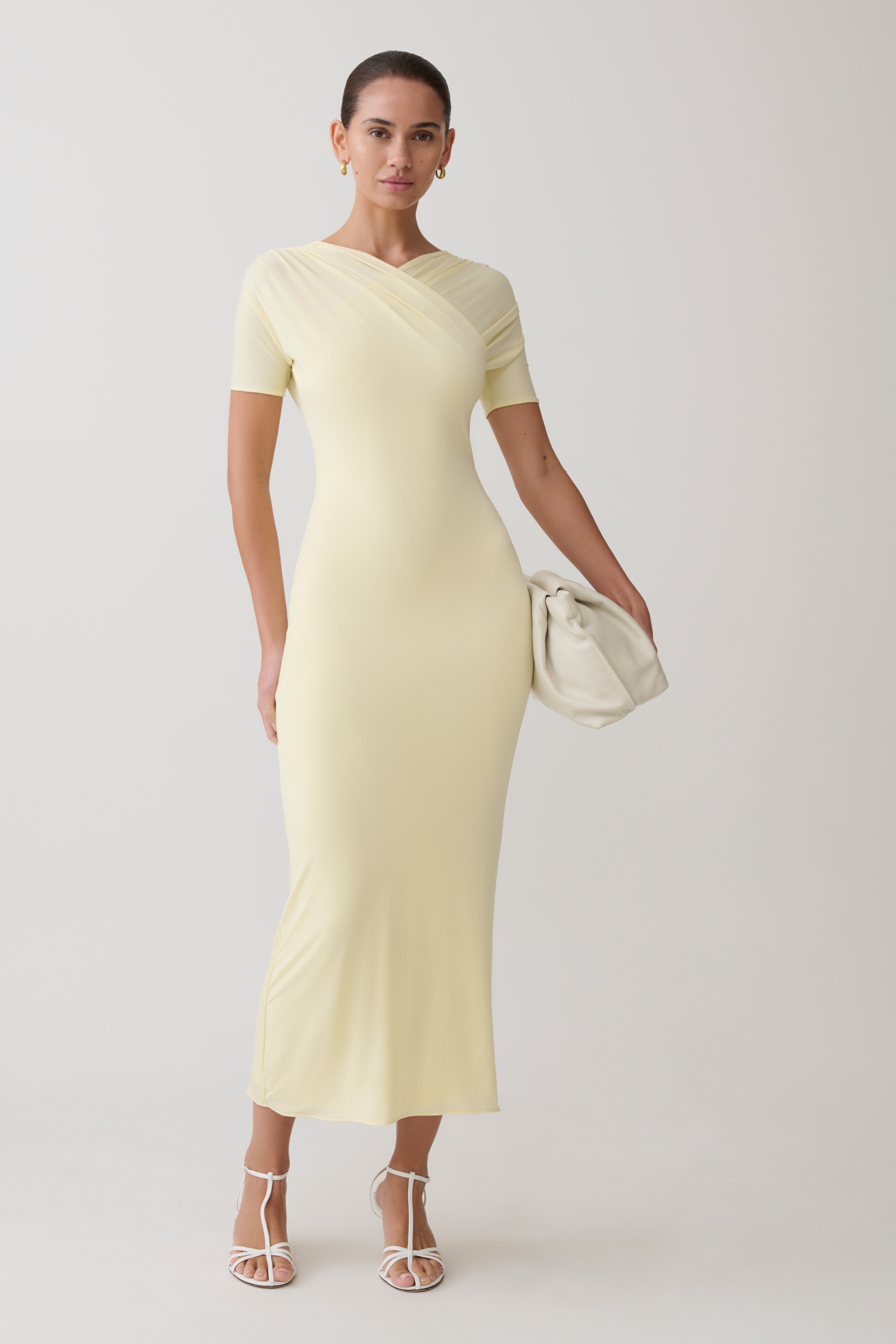 Junie Cross-Over Neck Slinky Maxi Dress - Lemon