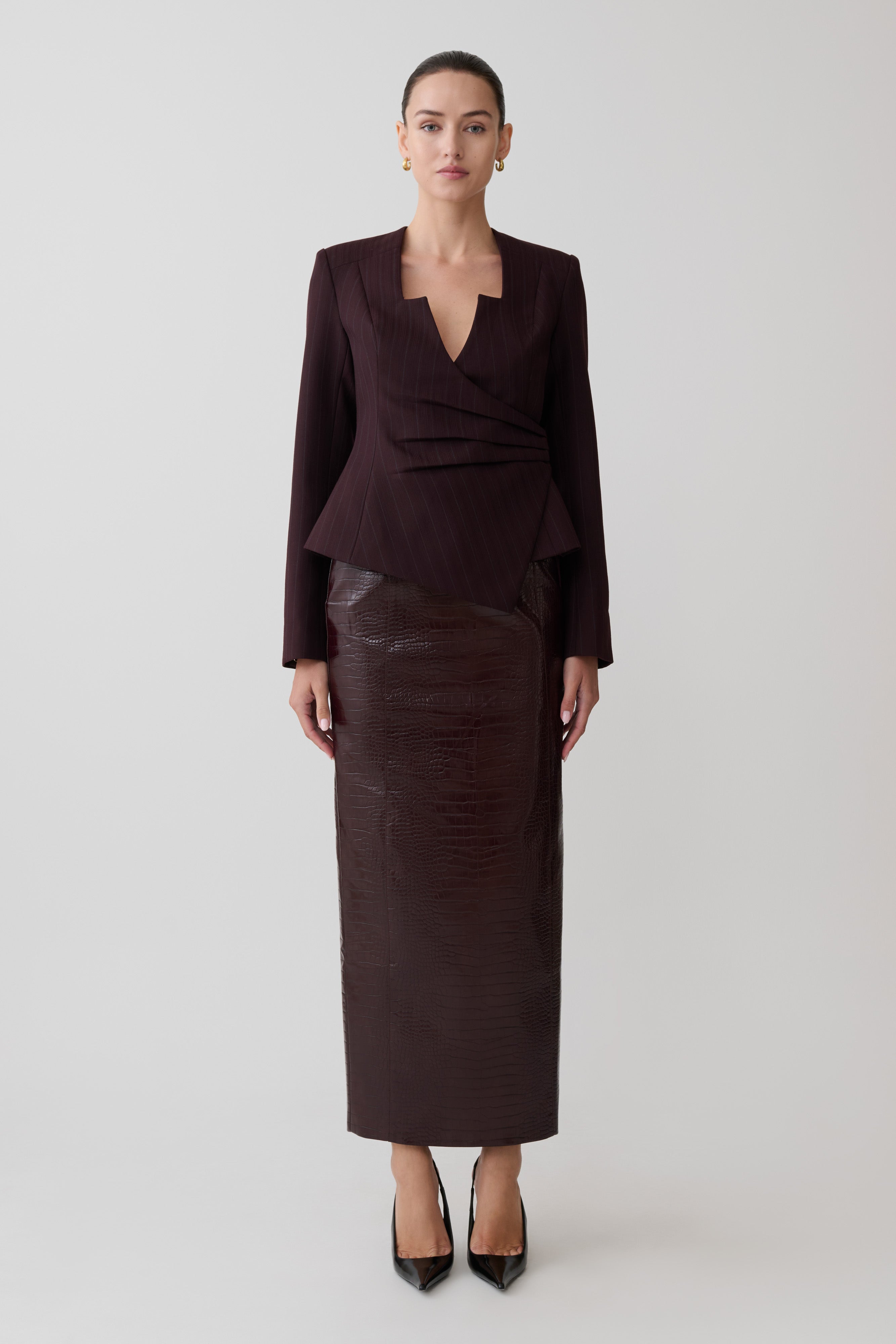 Agatha Square Neck Blazer - Plum Pinstripe