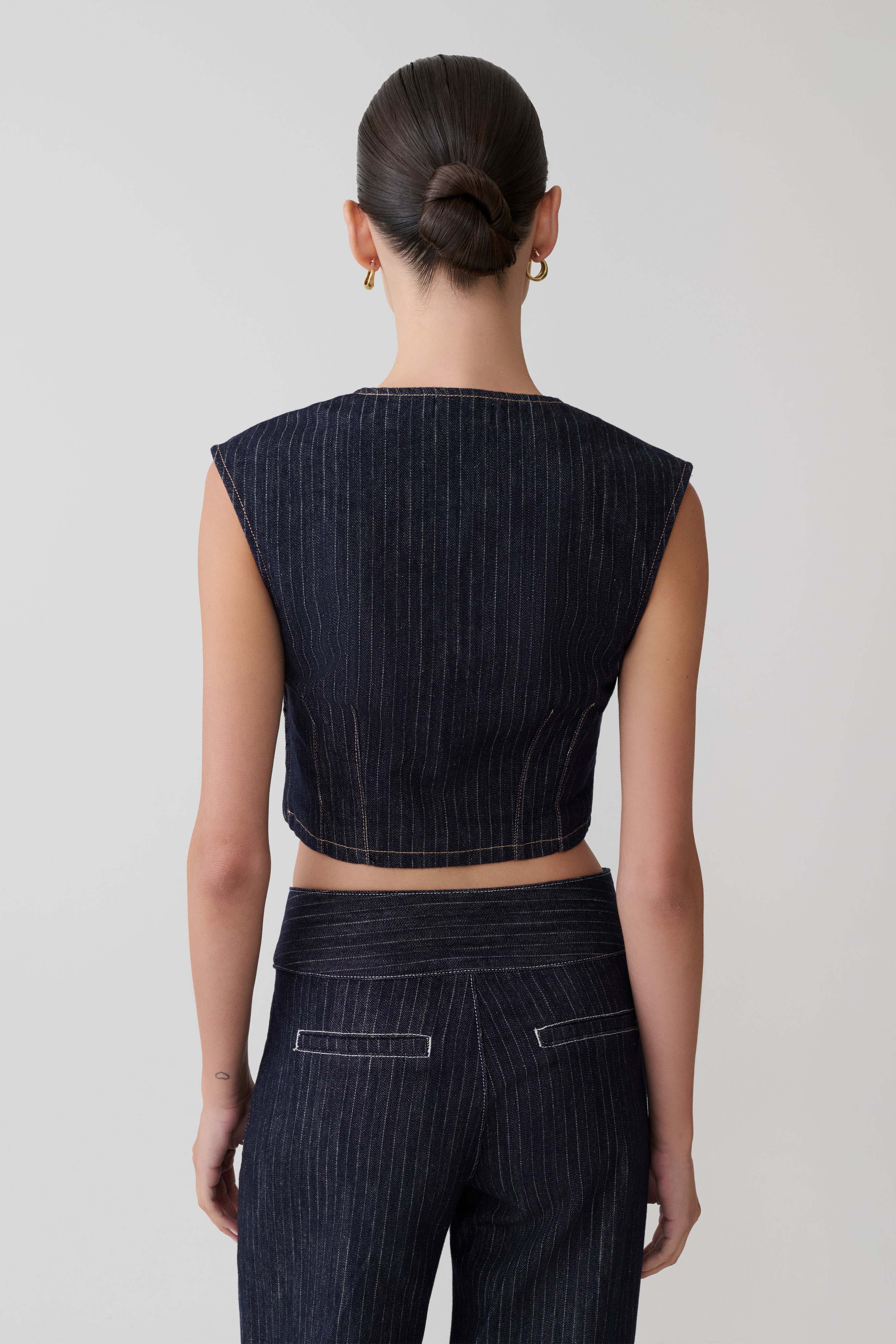 Loraine Sleeveless Denim Top - Indigo Pinstripe