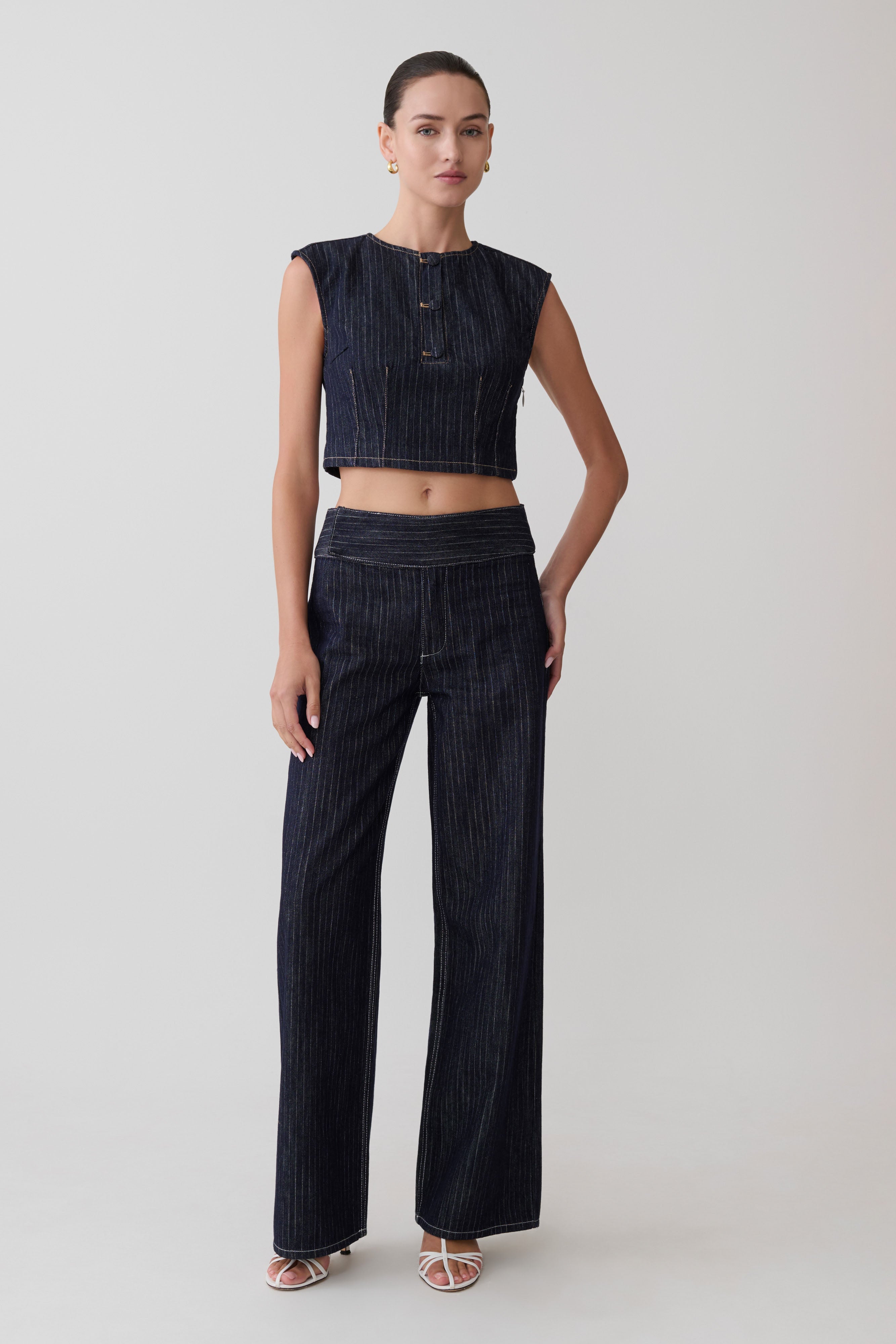 Sienna Flare Mid Rise Denim Jeans - Indigo Pinstripe