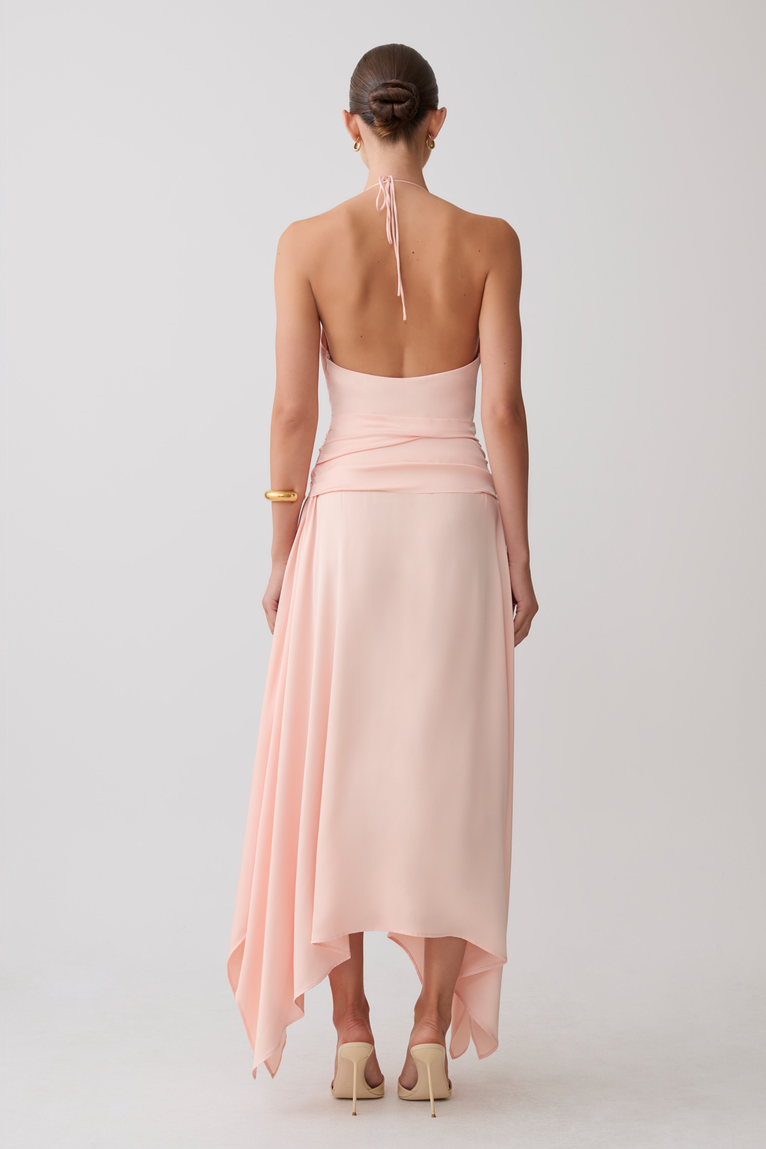 Cyra Plunge Satin Midi Dress - Peach