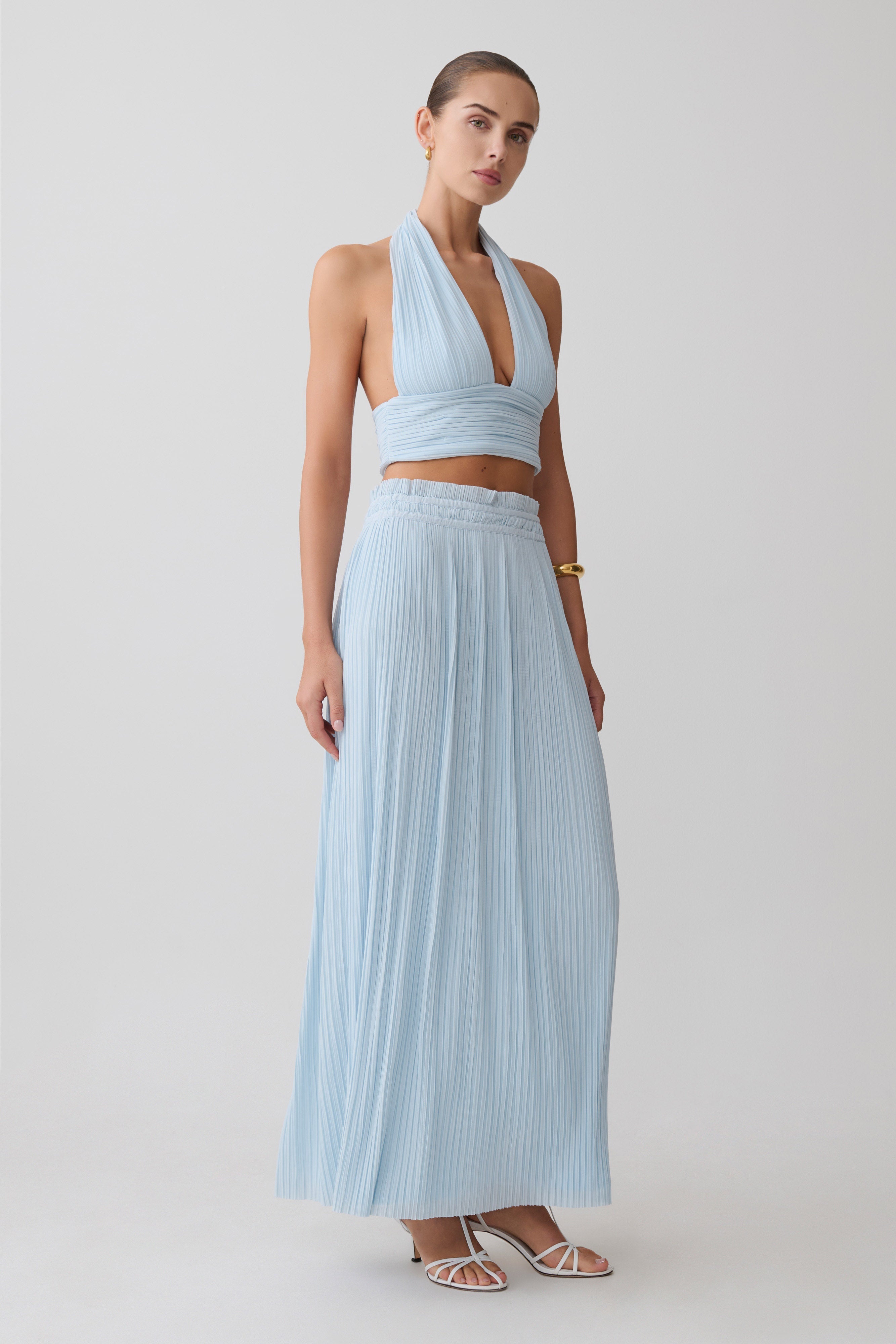 Amaris Sleeveless Plisse Halter Top - Pale Blue