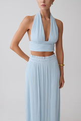 Amaris Sleeveless Plisse Halter Top - Pale Blue