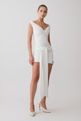 Runa Off Shoulder Mini Dress With Waist Tie - White