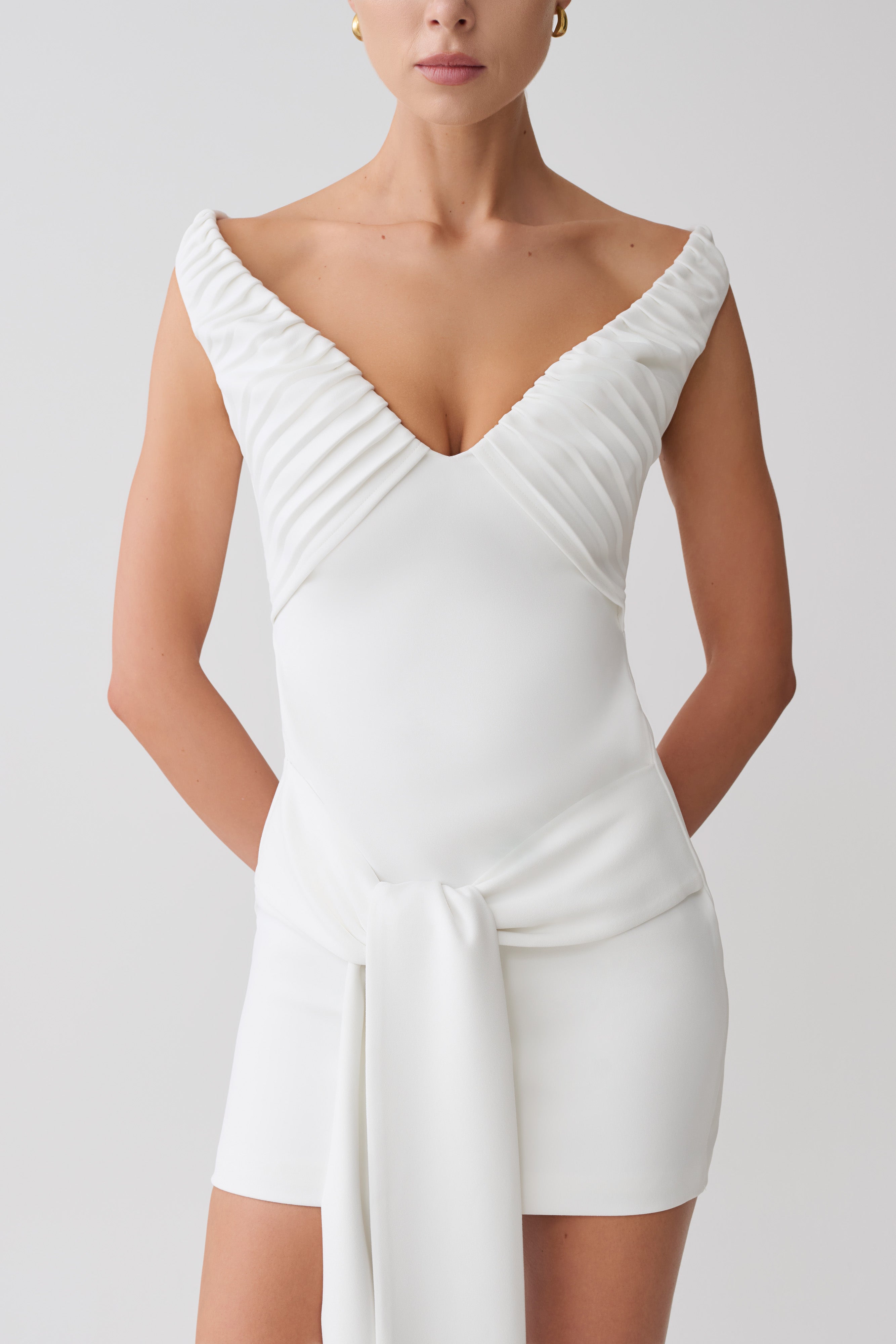 Runa Off Shoulder Mini Dress With Waist Tie - White