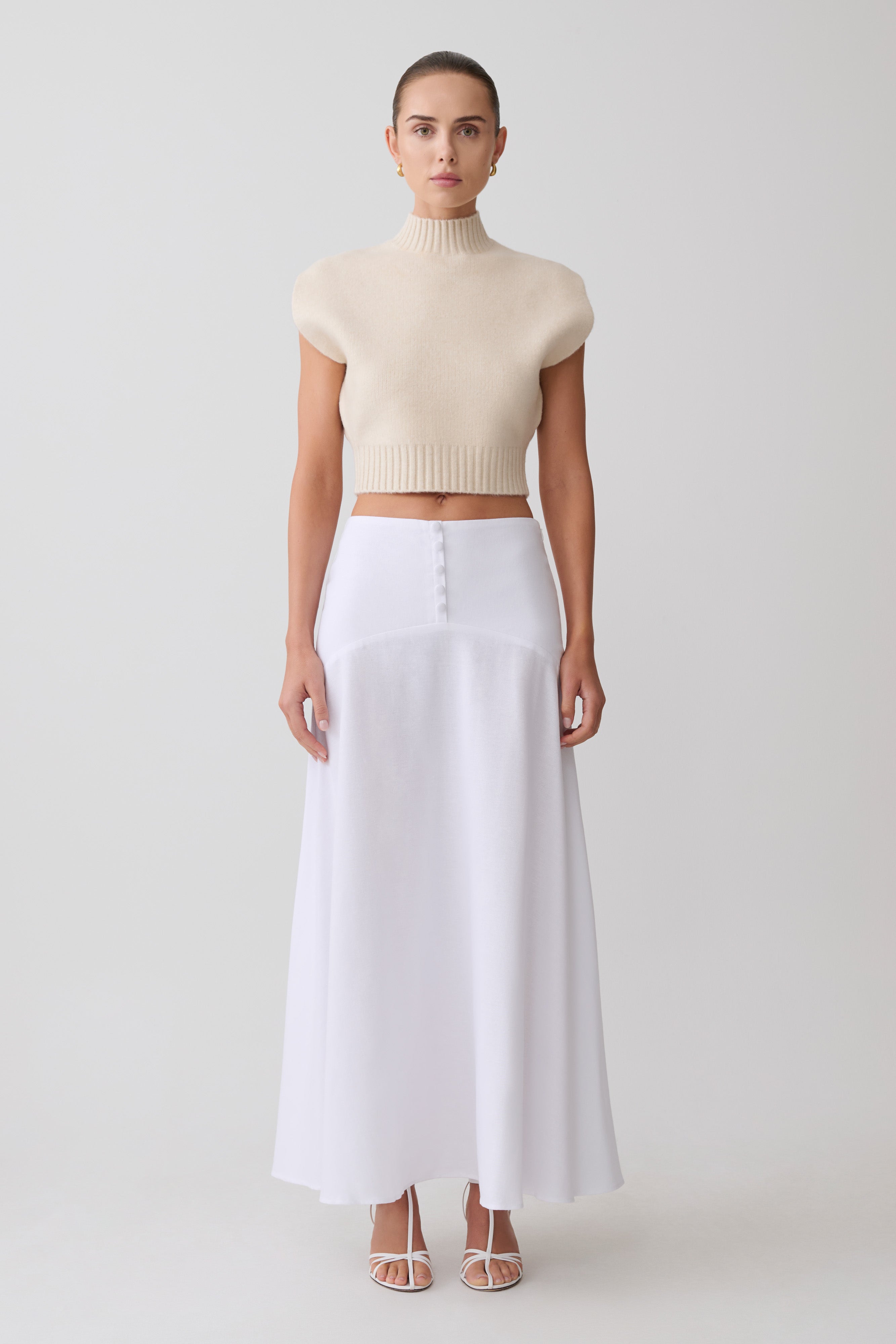 Selma Curved Waist Midi Skirt - White