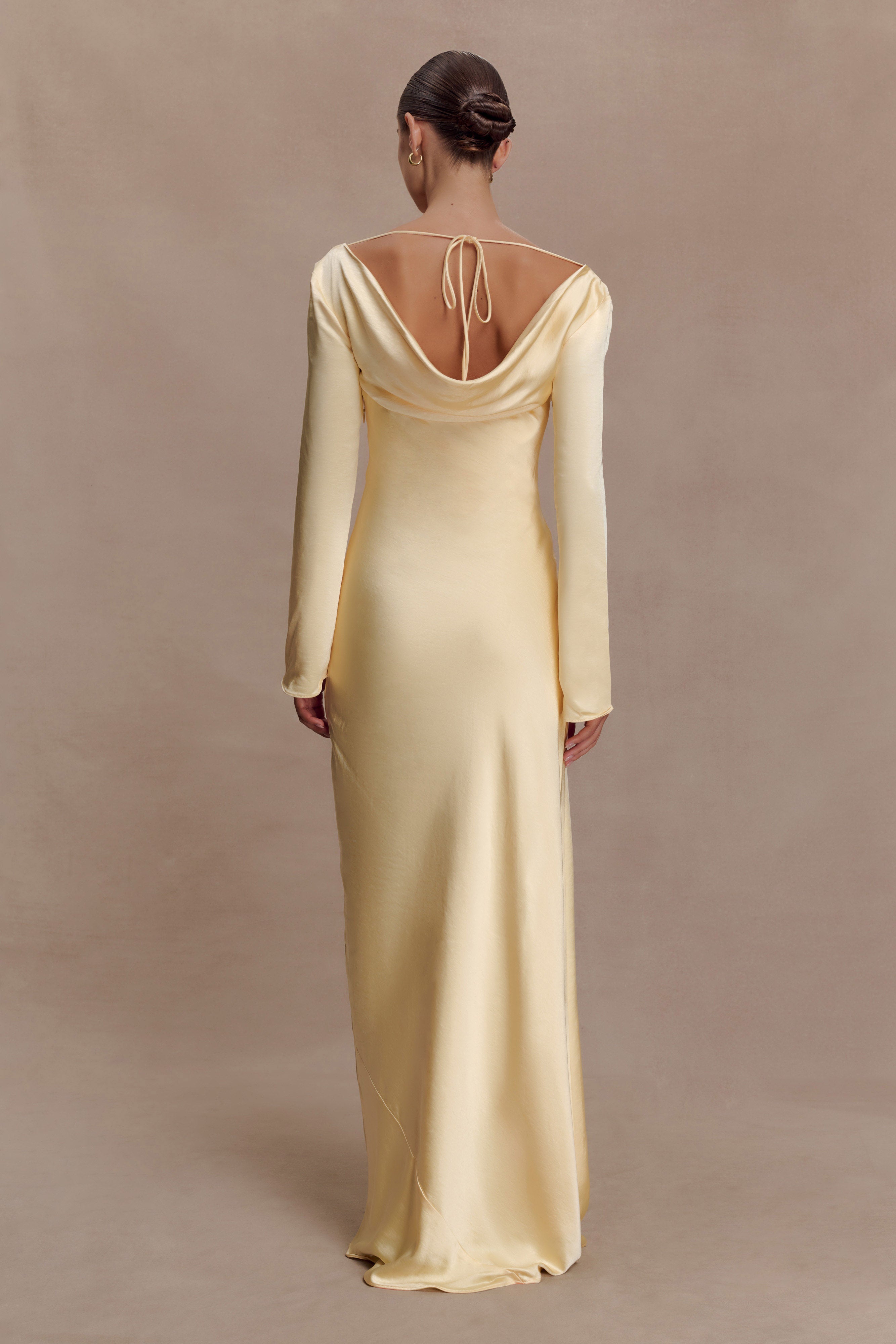 Eliza Long Sleeve Cowl Lace And Satin Maxi Dress - Lemon