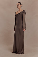 Eliza Long Sleeve Cowl Lace And Satin Maxi Dress - Mocha