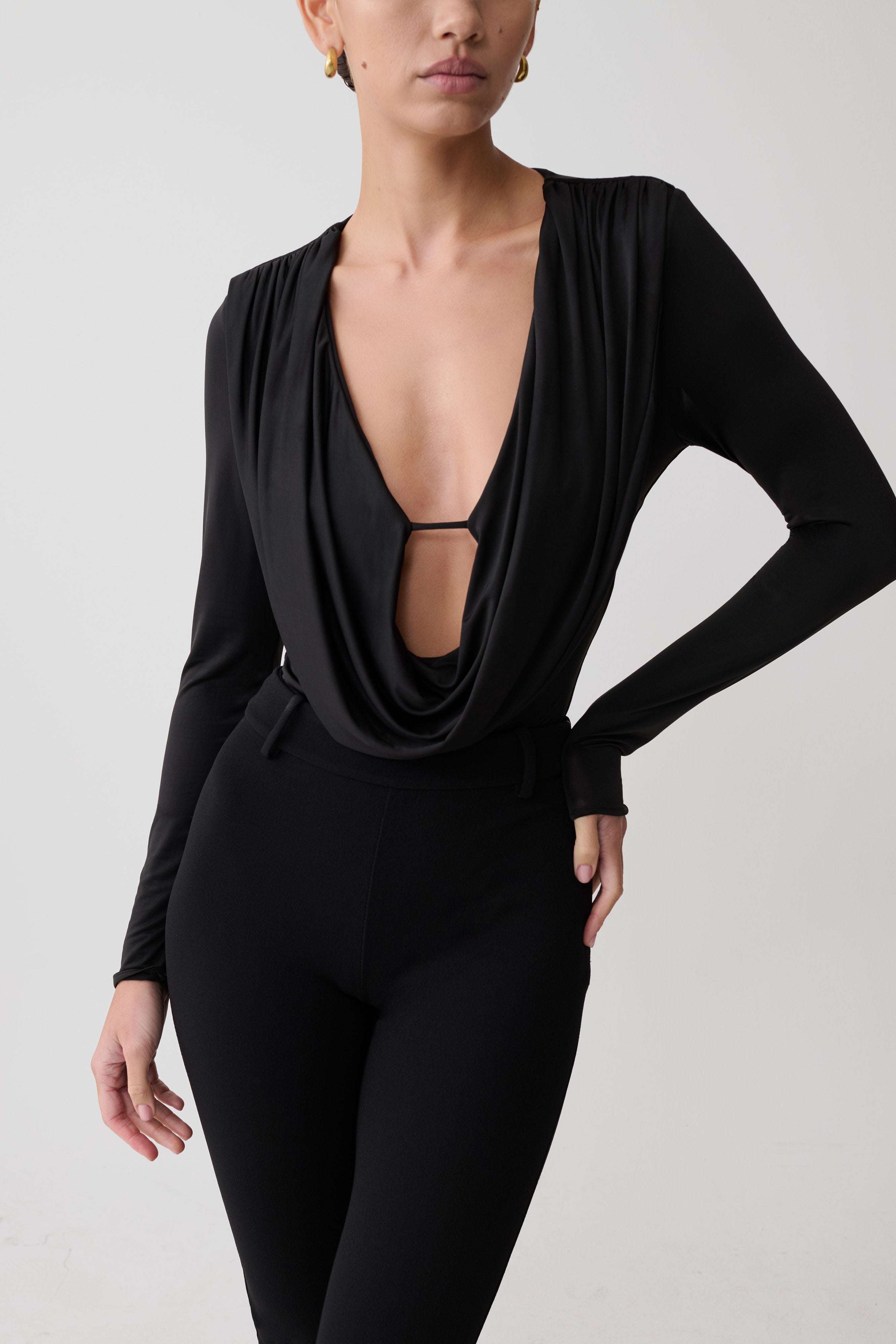 Ren Cowl Long Sleeve Slinky Bodysuit - Black