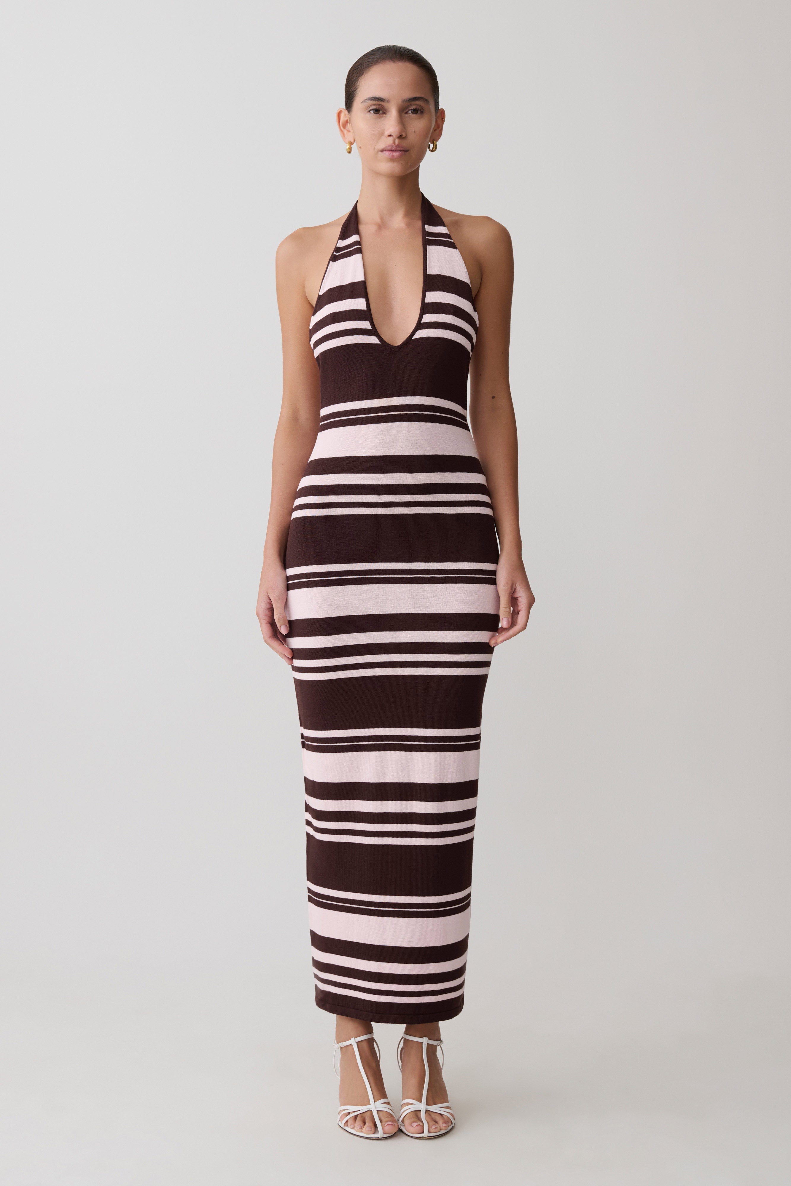 Brienne Stripe Midi Dress - Pink/Chocolate
