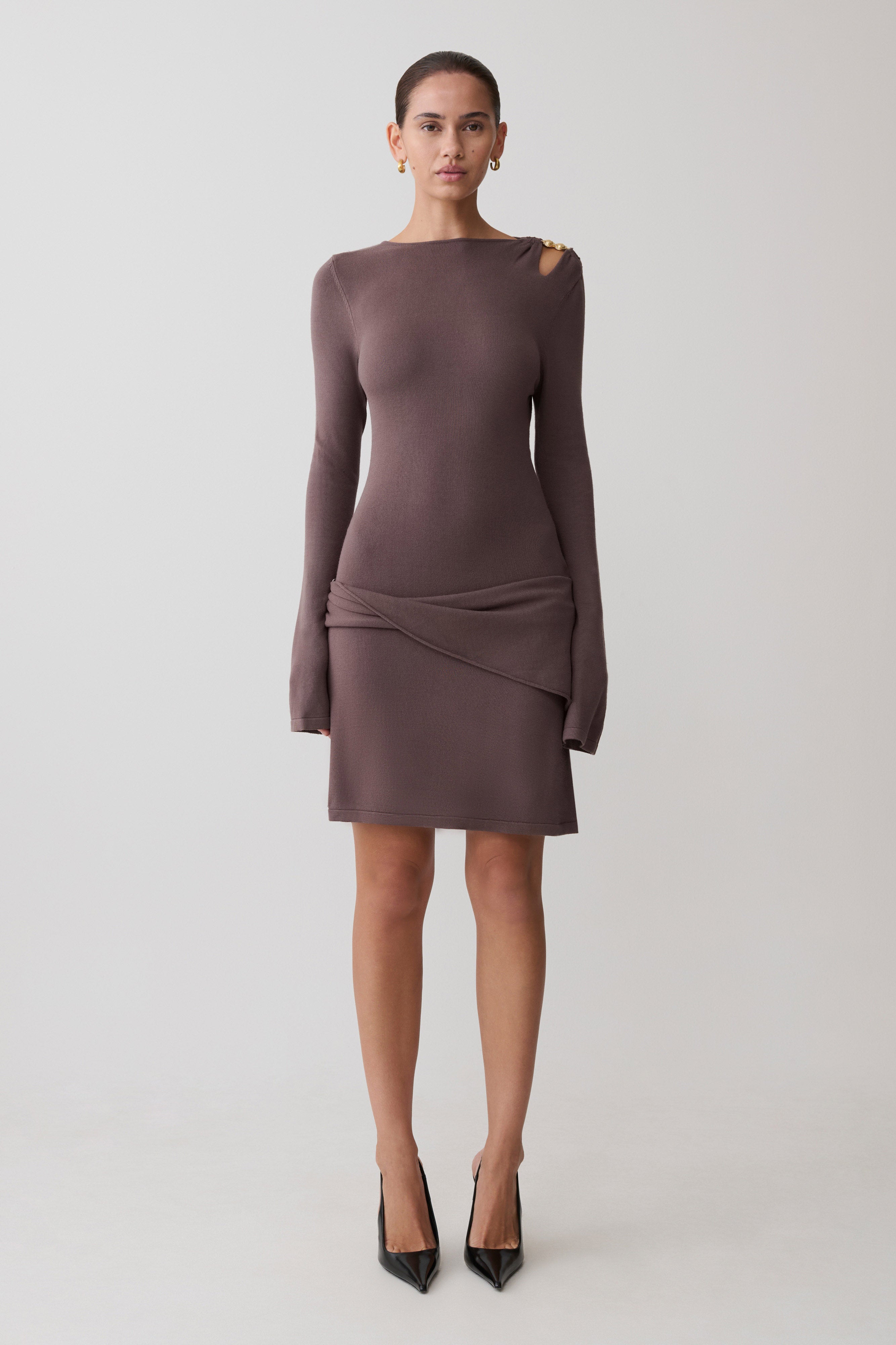 Cresida Knit Long Sleeve Mini Dress With Hardware - Peppercorn