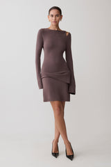 Cresida Knit Long Sleeve Mini Dress With Hardware - Peppercorn