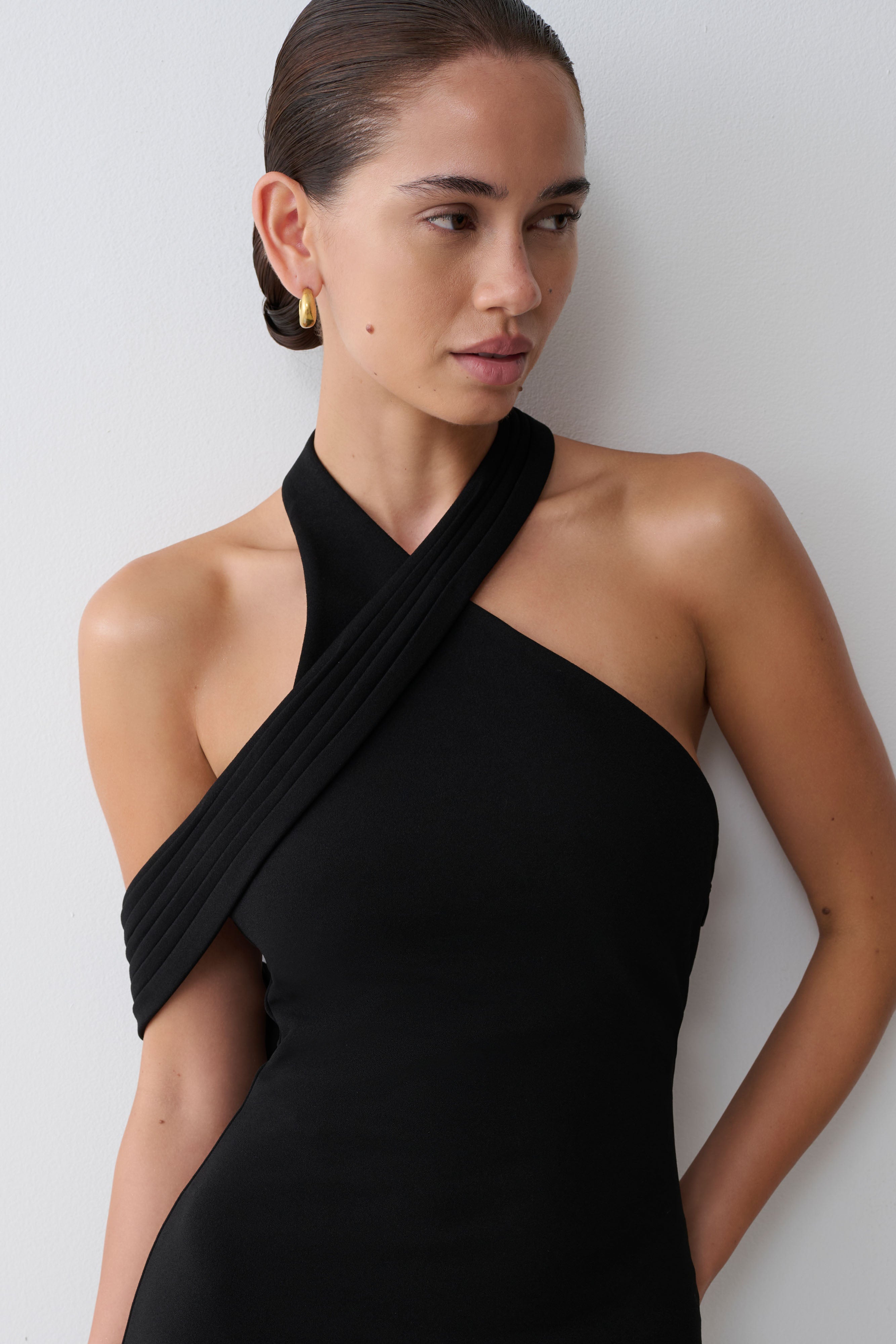 Sable Crossover Crepe Midi Dress - Black