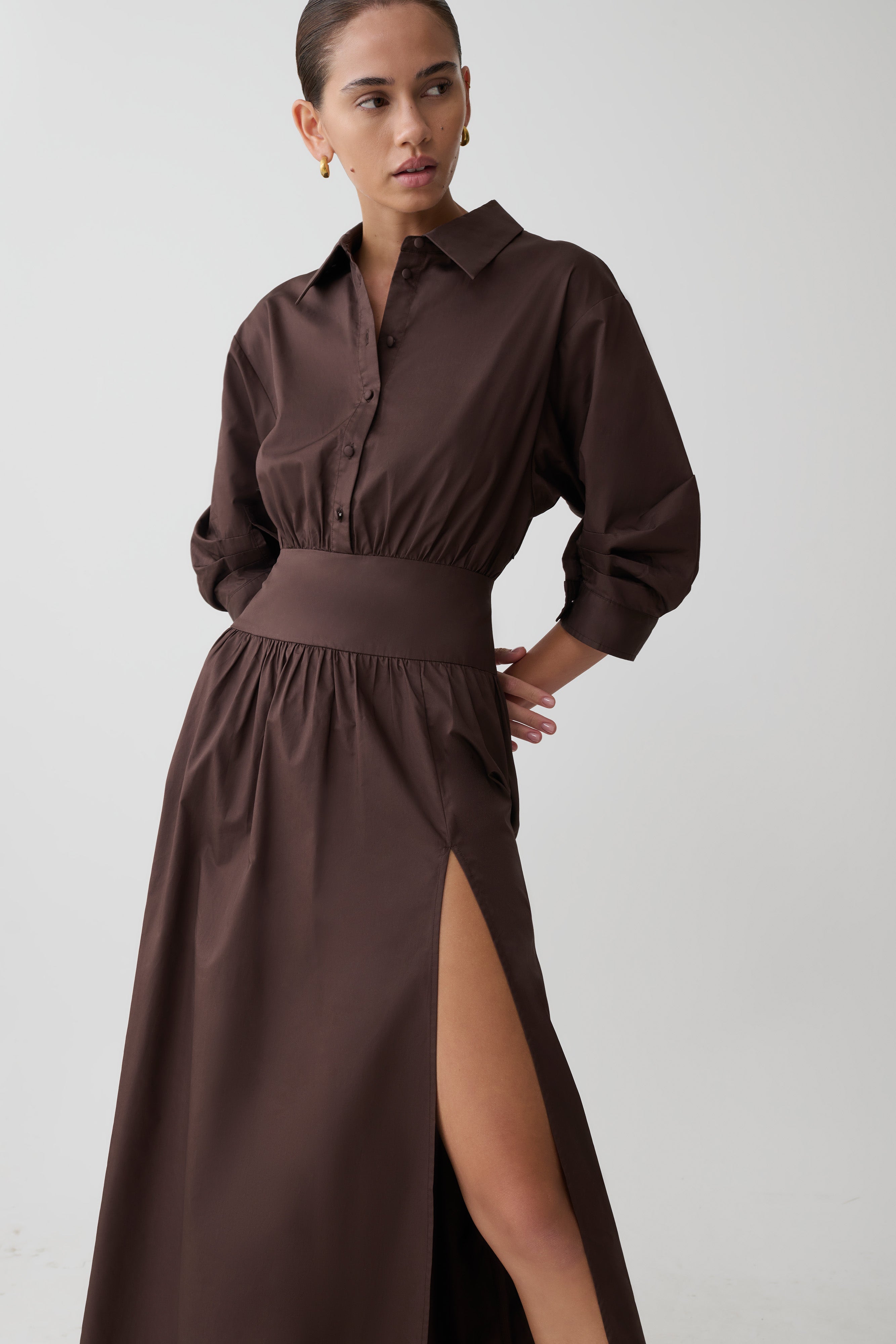 Isolde Long Sleeve Cotton Maxi Dress - Dark Chocolate