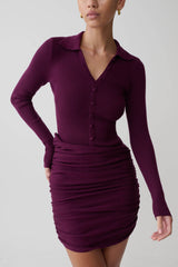 Agness Long Sleeve Button Up Knit Dress - Plum