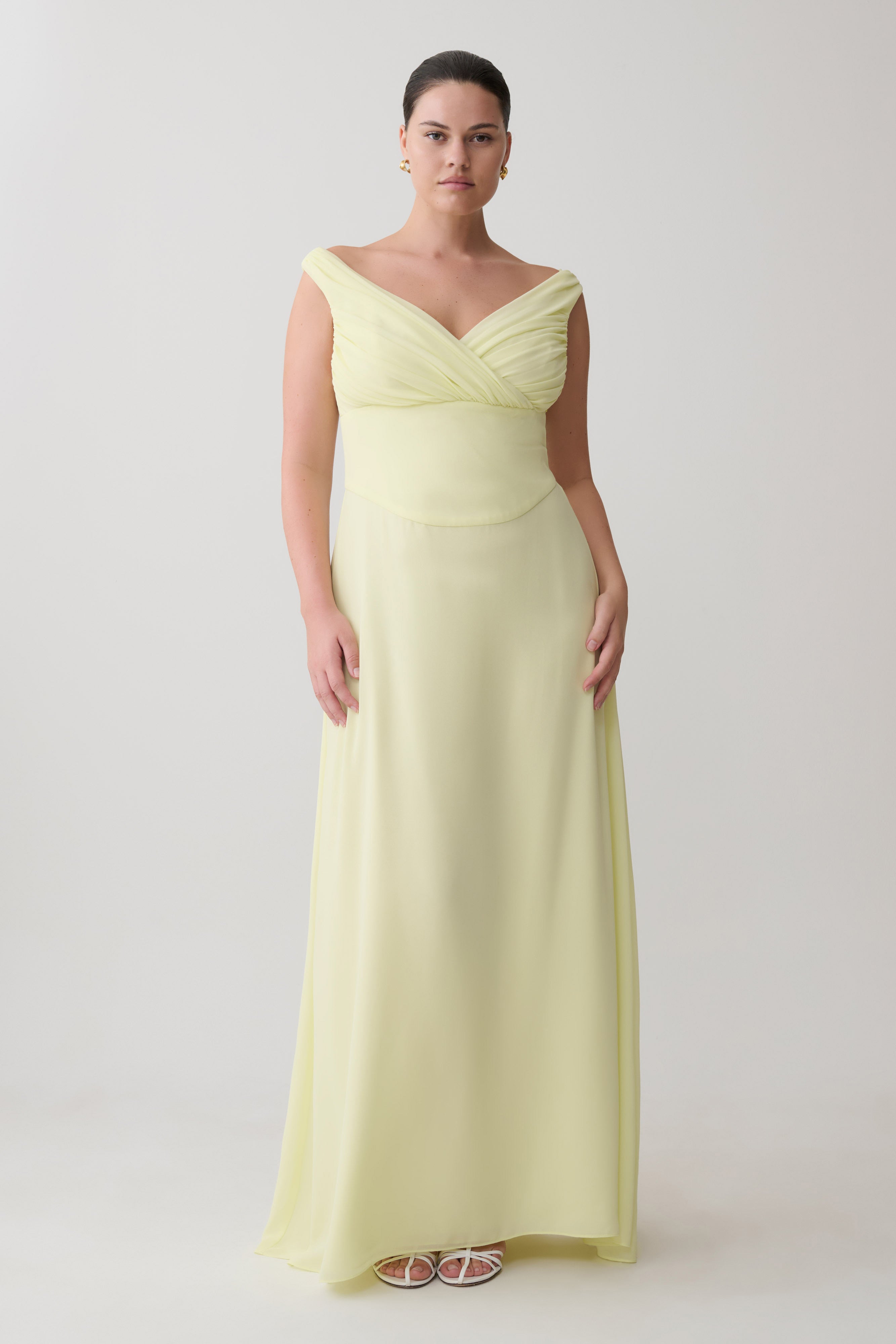Mabel Off Shoulder Chiffon Maxi Dress - Lemon