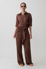 Gia Wrapped Tie Satin Pants - Chocolate