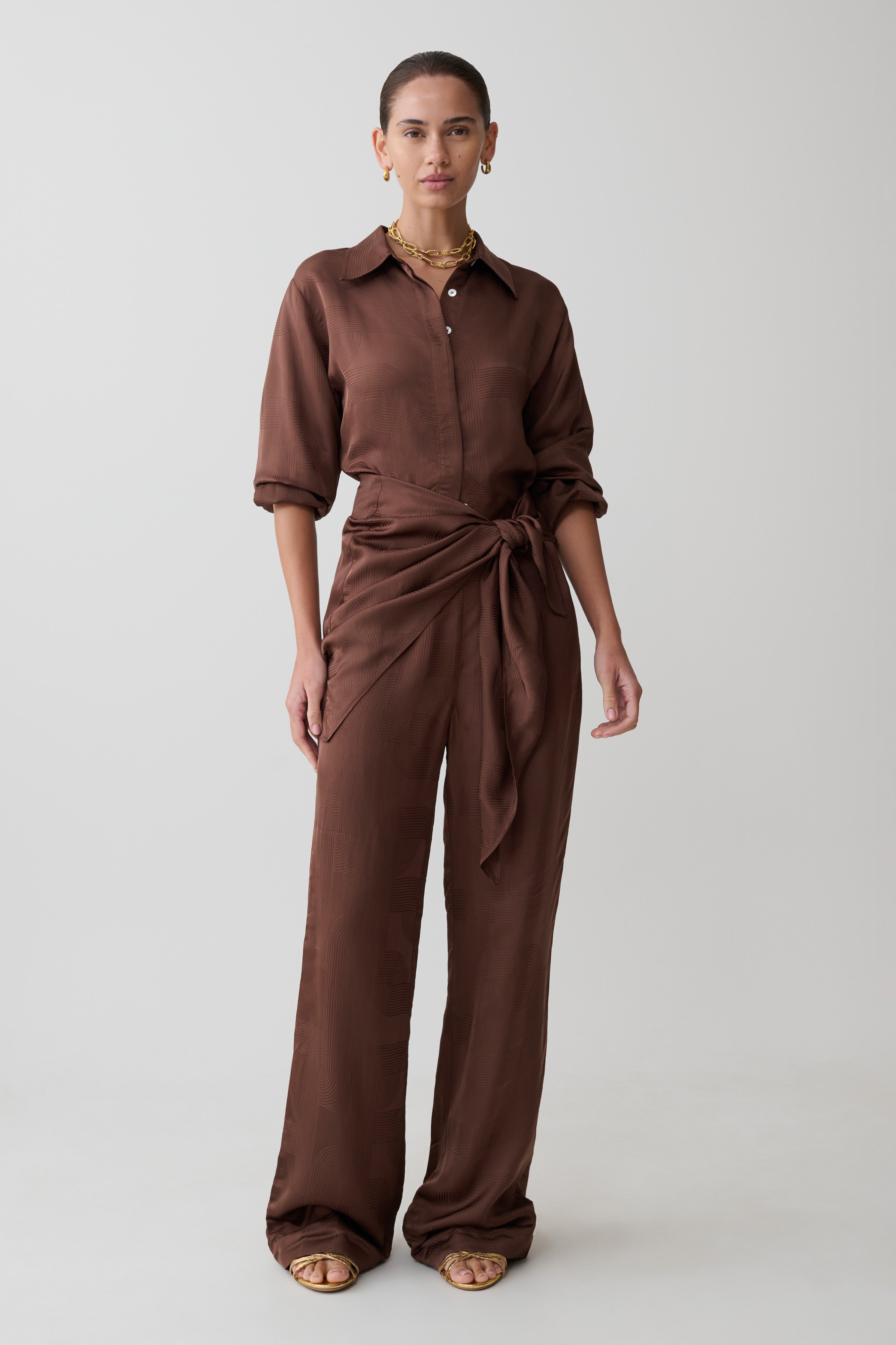 Gia Long Sleeve Satin Shirt - Chocolate