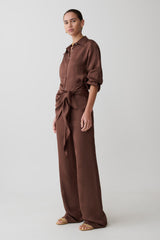 Gia Wrapped Tie Satin Pants - Chocolate