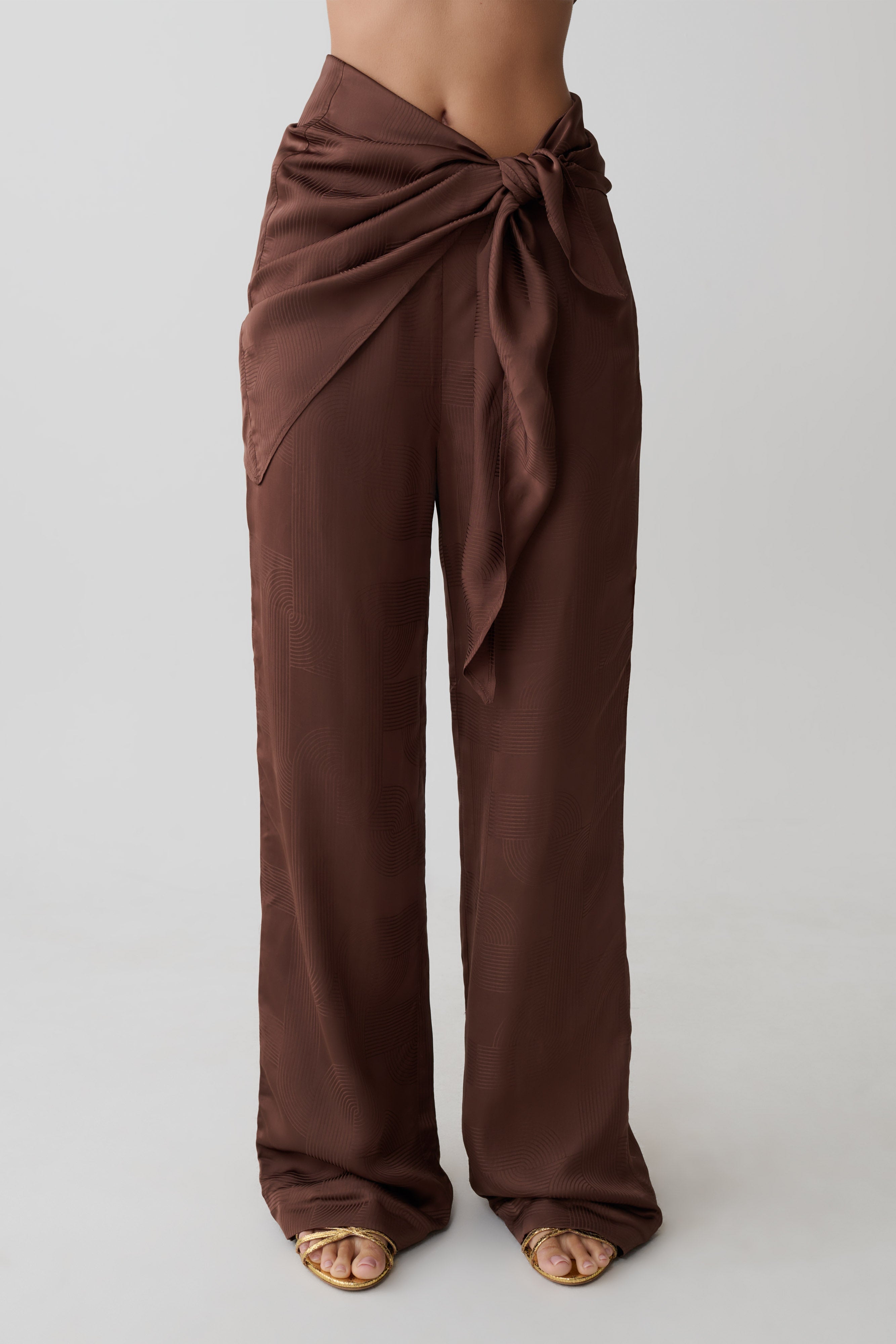 Gia Wrapped Tie Satin Pants - Chocolate