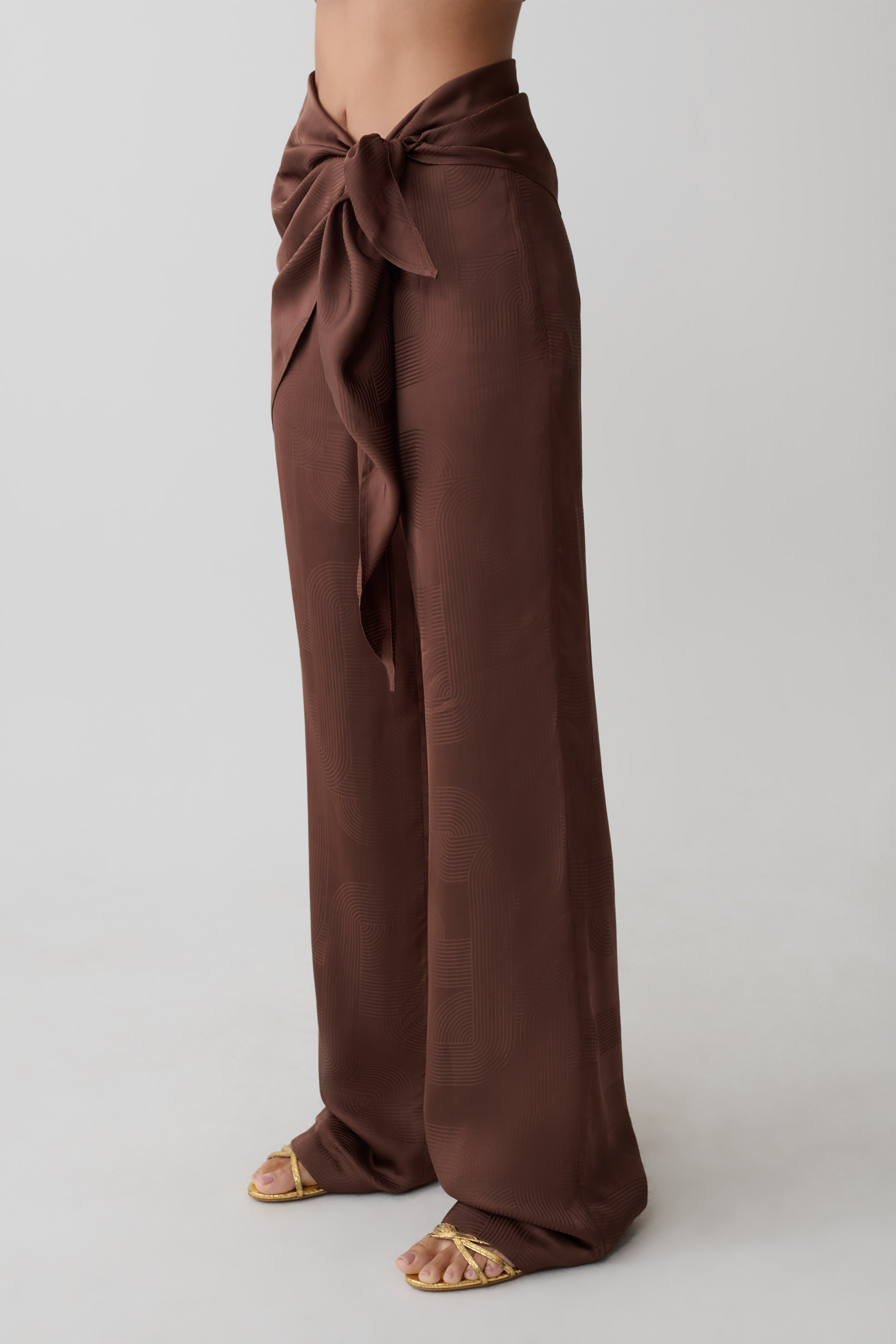 Gia Wrapped Tie Satin Pants - Chocolate