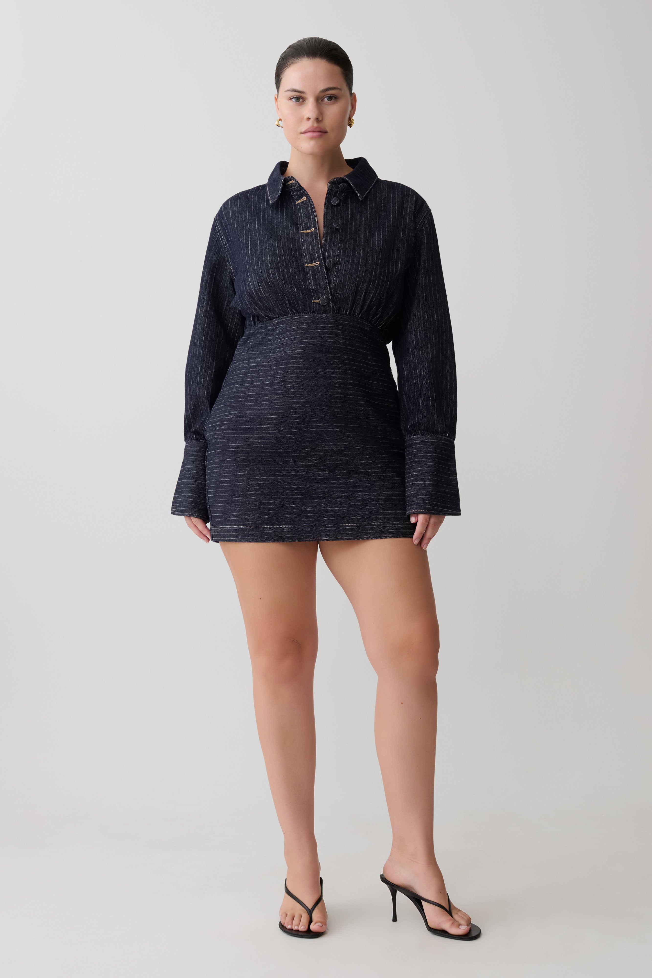 Zarah Denim Long Sleeve Mini Dress - Indigo Pinstripe
