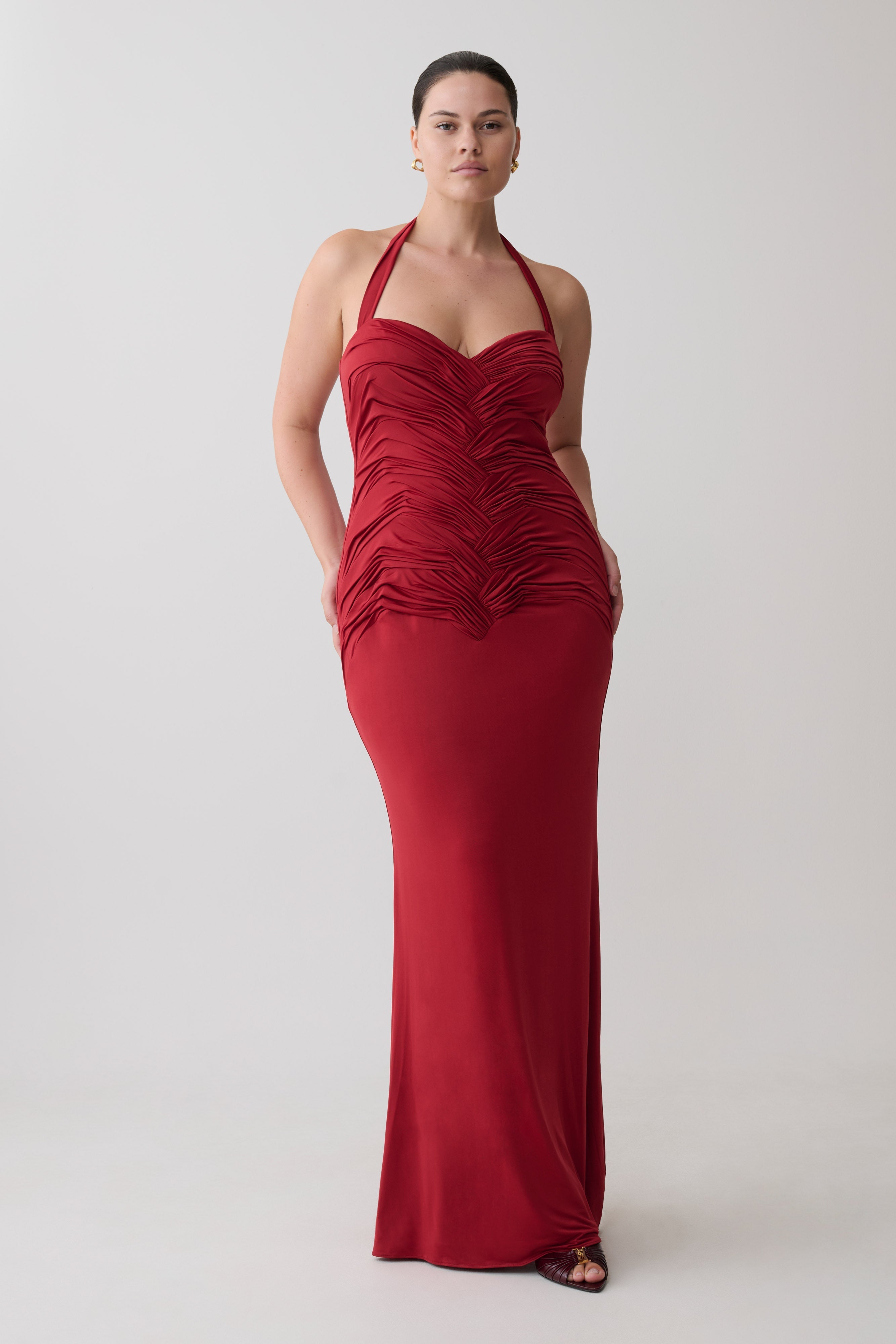 Hoai Gathered Slinky Halter Maxi Dress - Deep Red