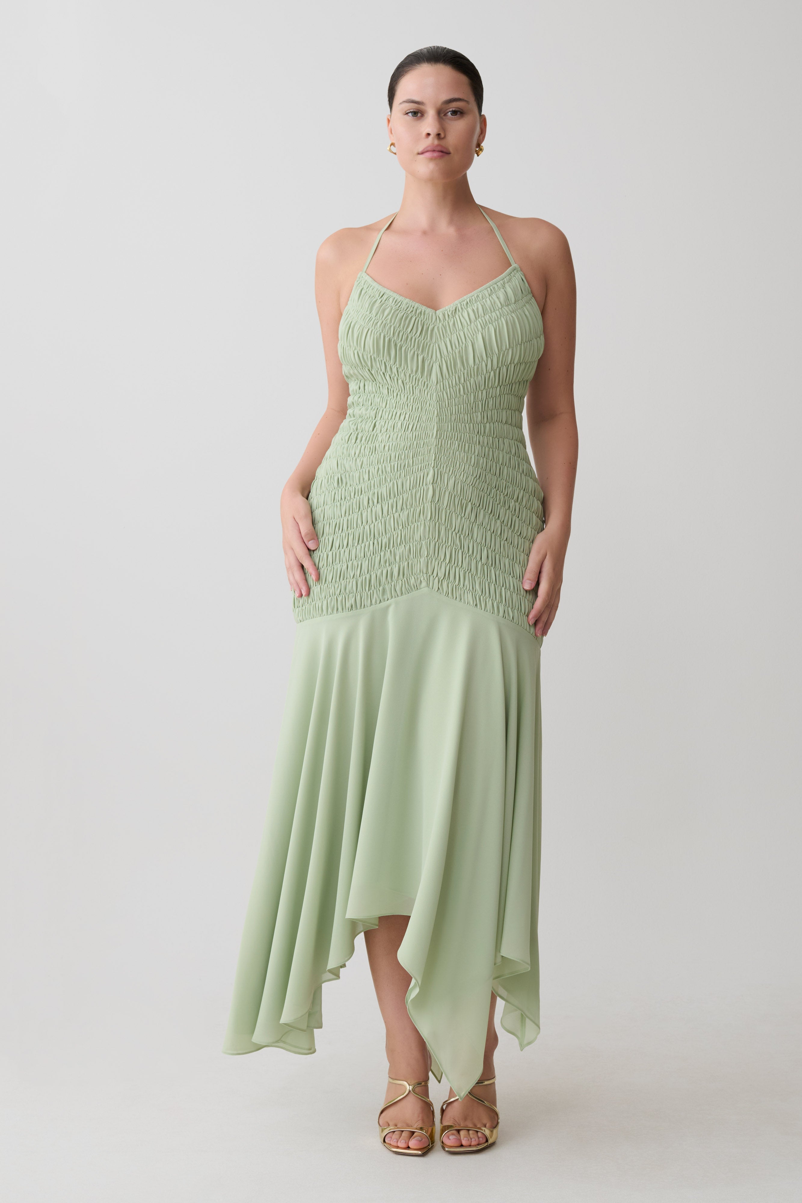 Evelyn Shirred Chiffon Maxi Dress - Sage