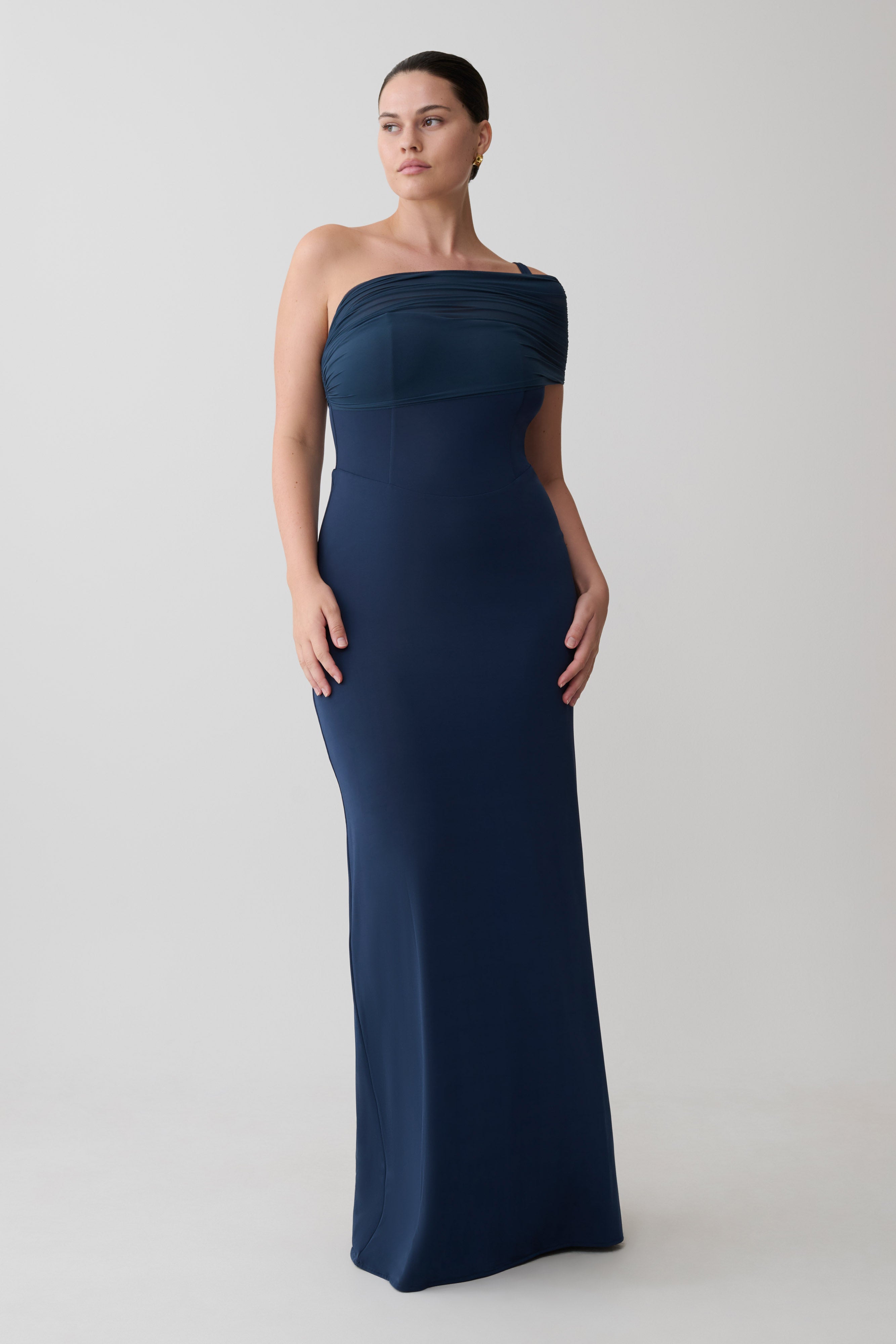 Hanh One Shoulder Mesh Maxi Dress - Ink Blue