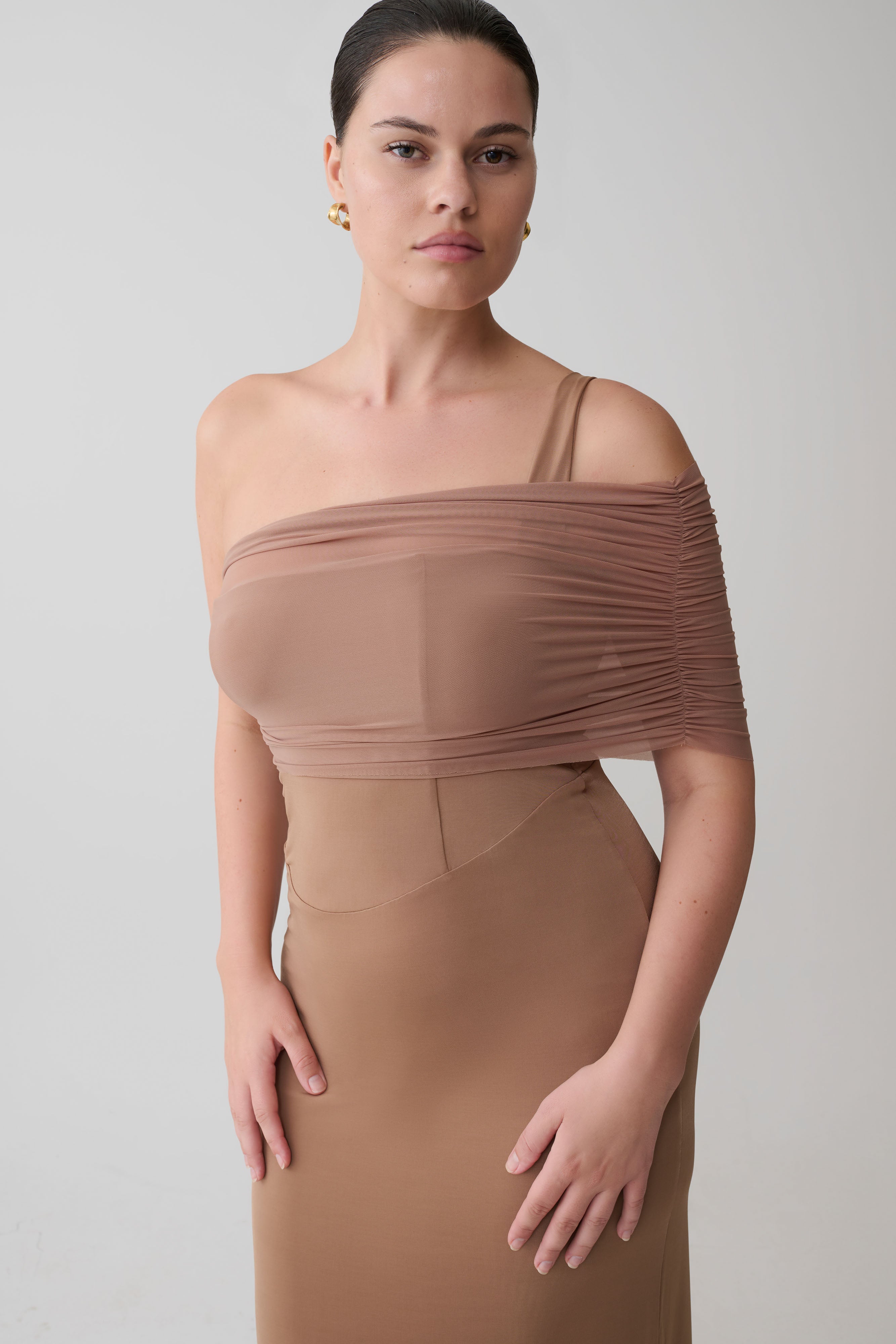 Hanh One Shoulder Mesh Maxi Dress - Tan
