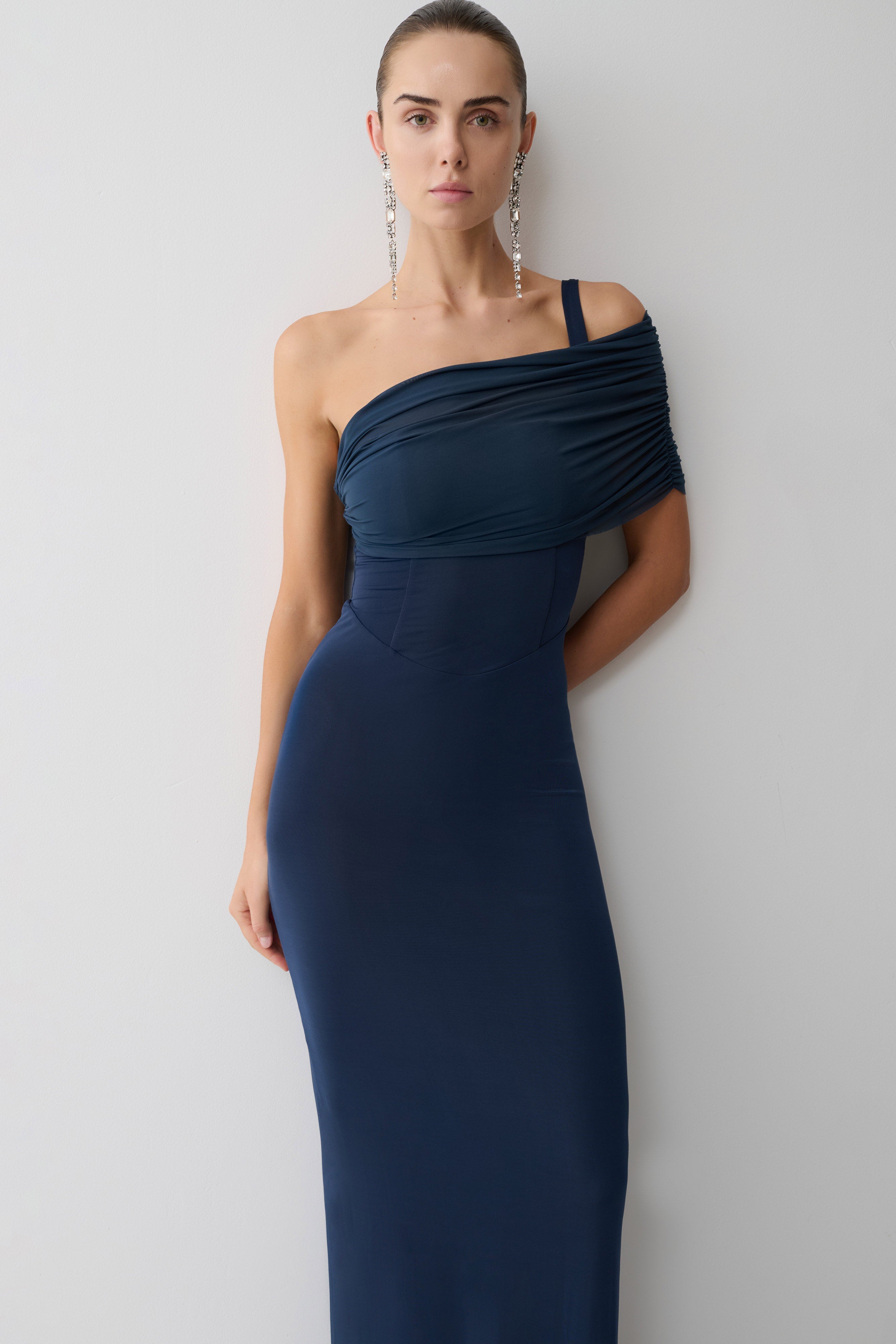Hanh One Shoulder Mesh Maxi Dress - Ink Blue