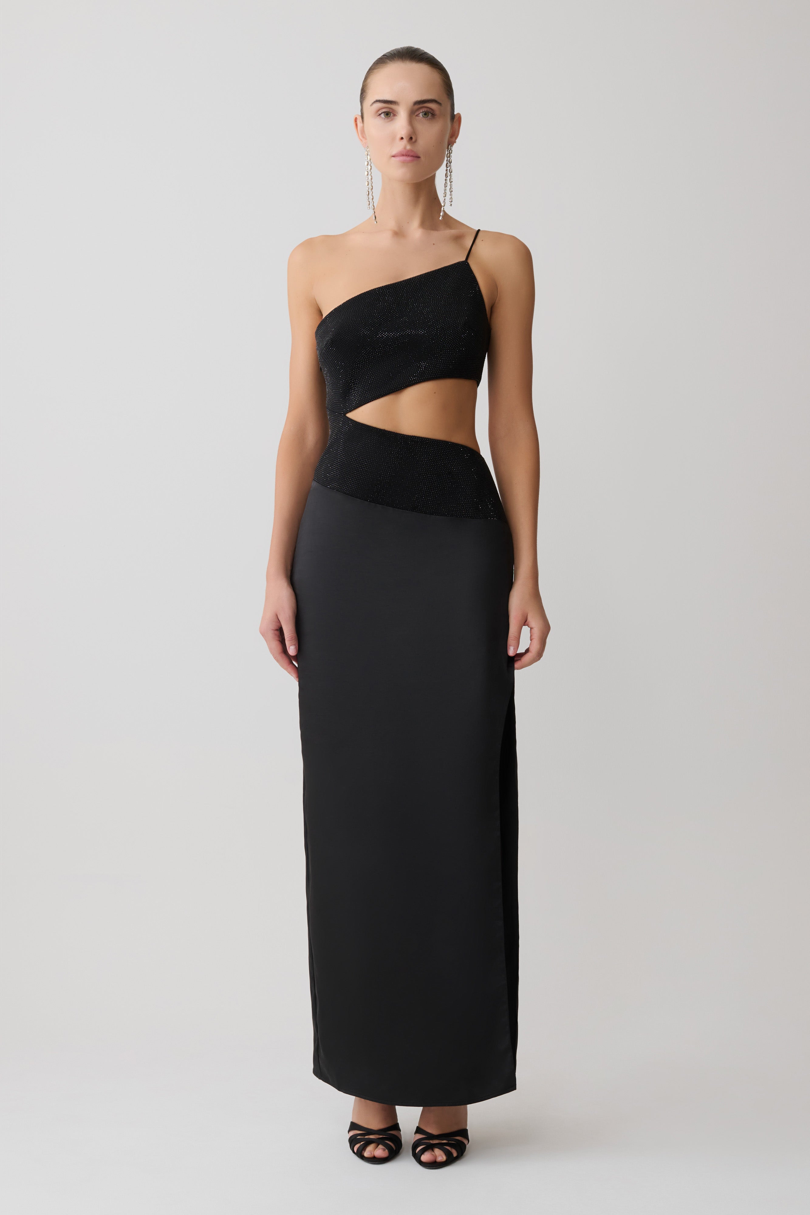 Athena One Shoulder Diamante Maxi Dress - Black