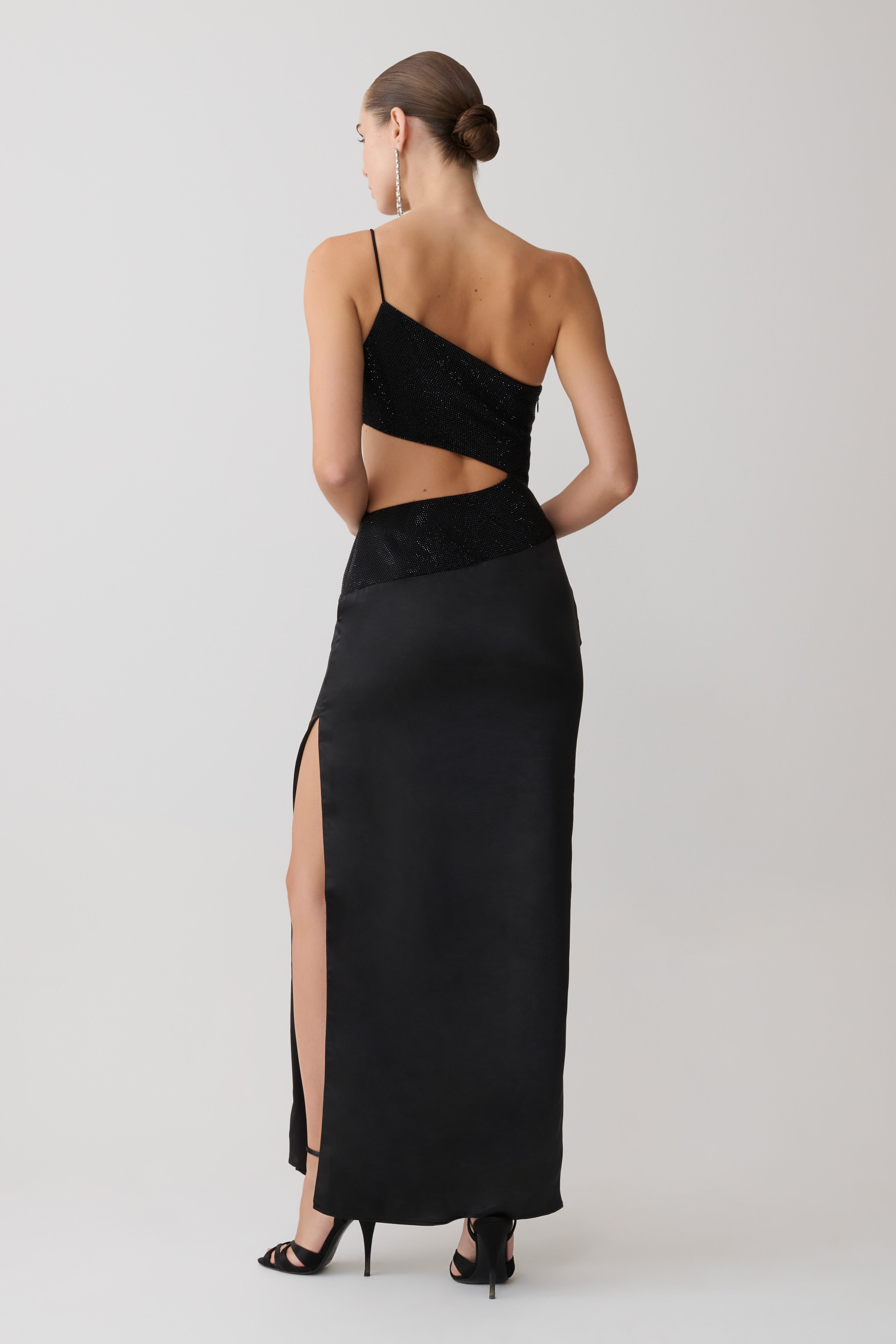 Athena One Shoulder Diamante Maxi Dress - Black