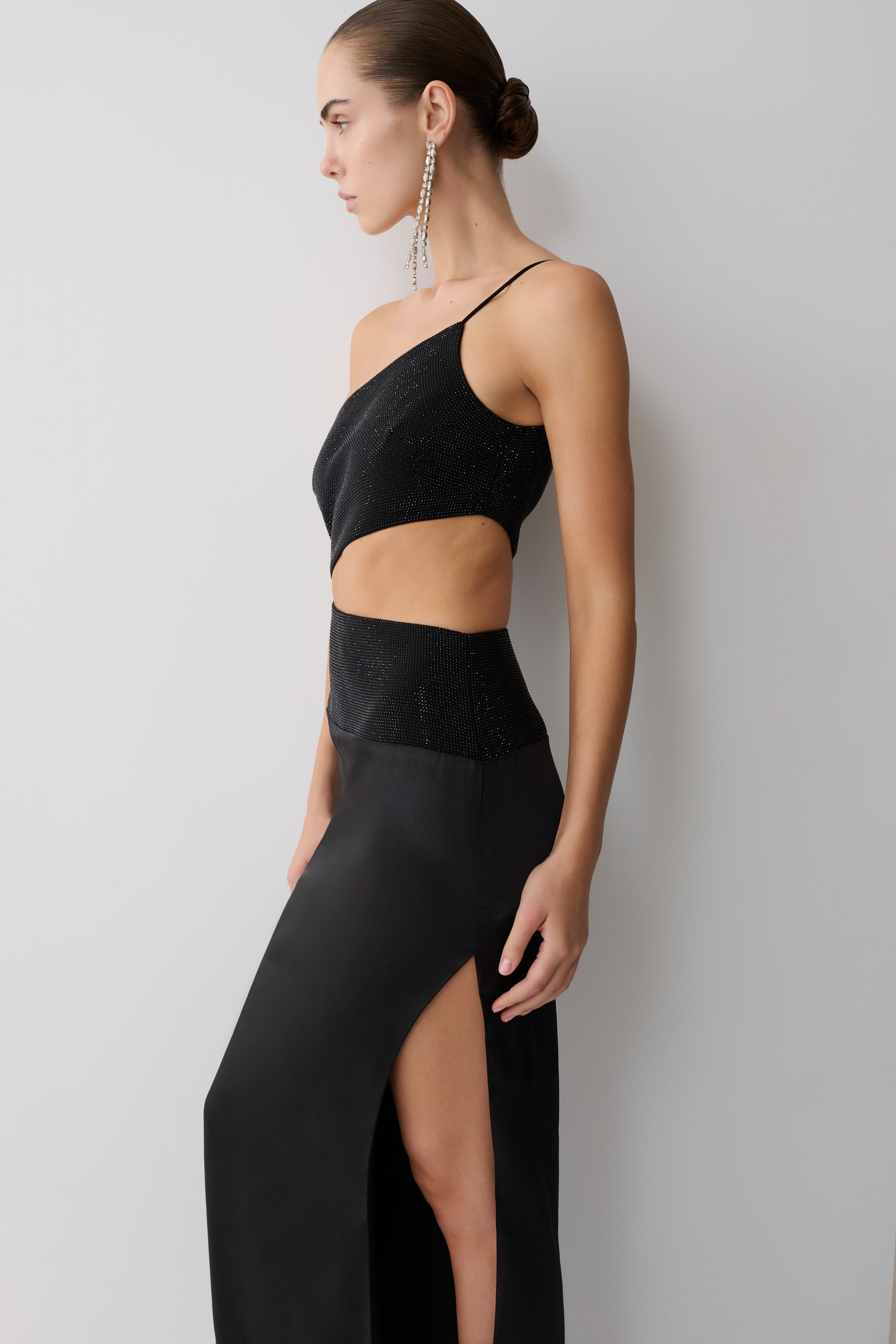 Athena One Shoulder Diamante Maxi Dress - Black