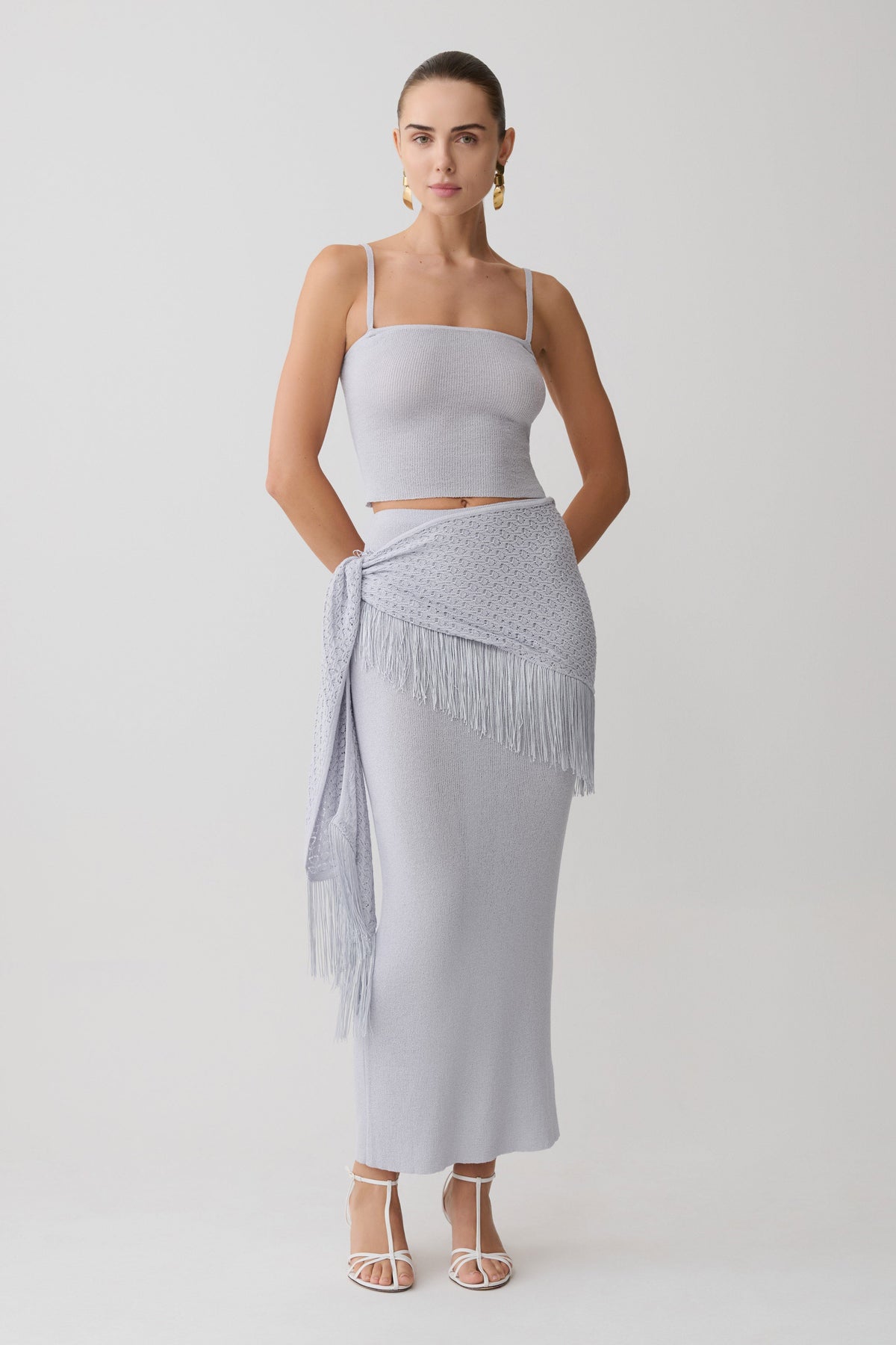 Jaytee Knit Maxi Skirt With Fringe Tie - Sky Blue