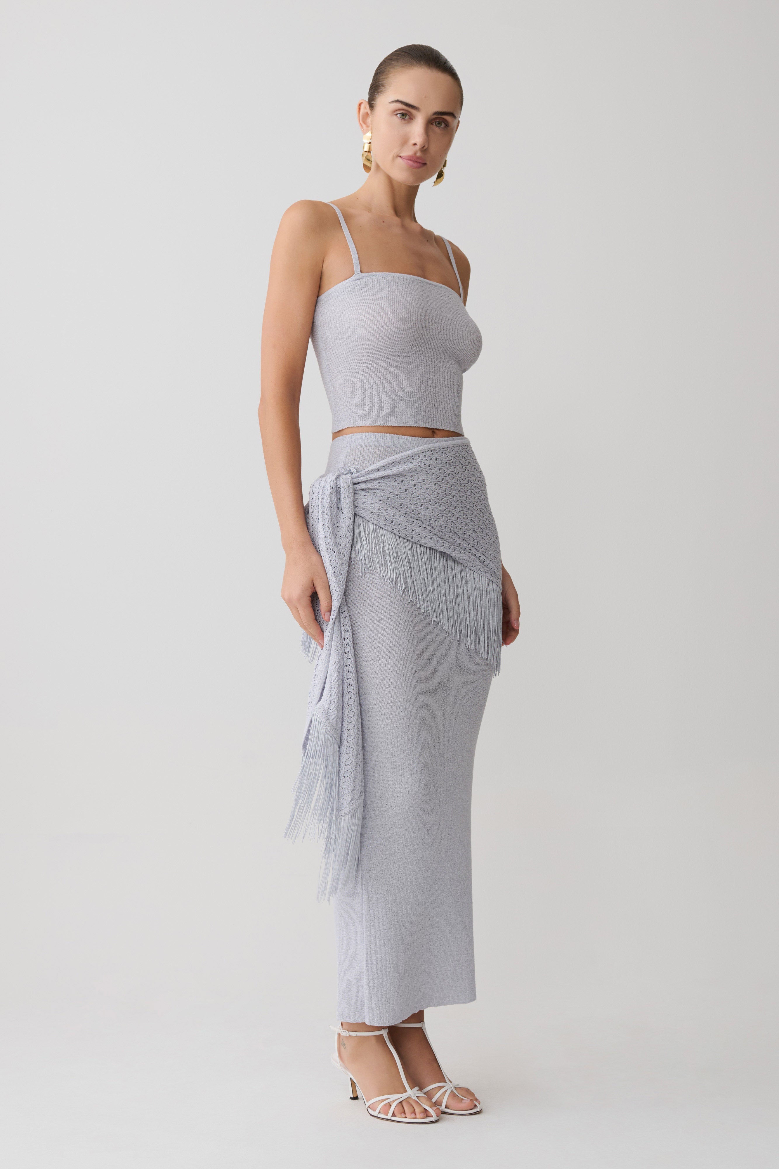 Jaytee Knit Maxi Skirt With Fringe Tie - Sky Blue