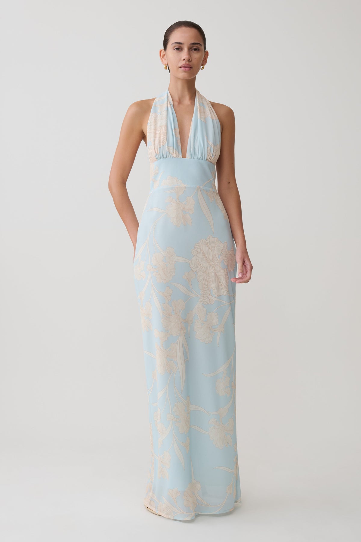 Nadine Halter Scarf Chiffon Maxi Dress - Blue Floral Print