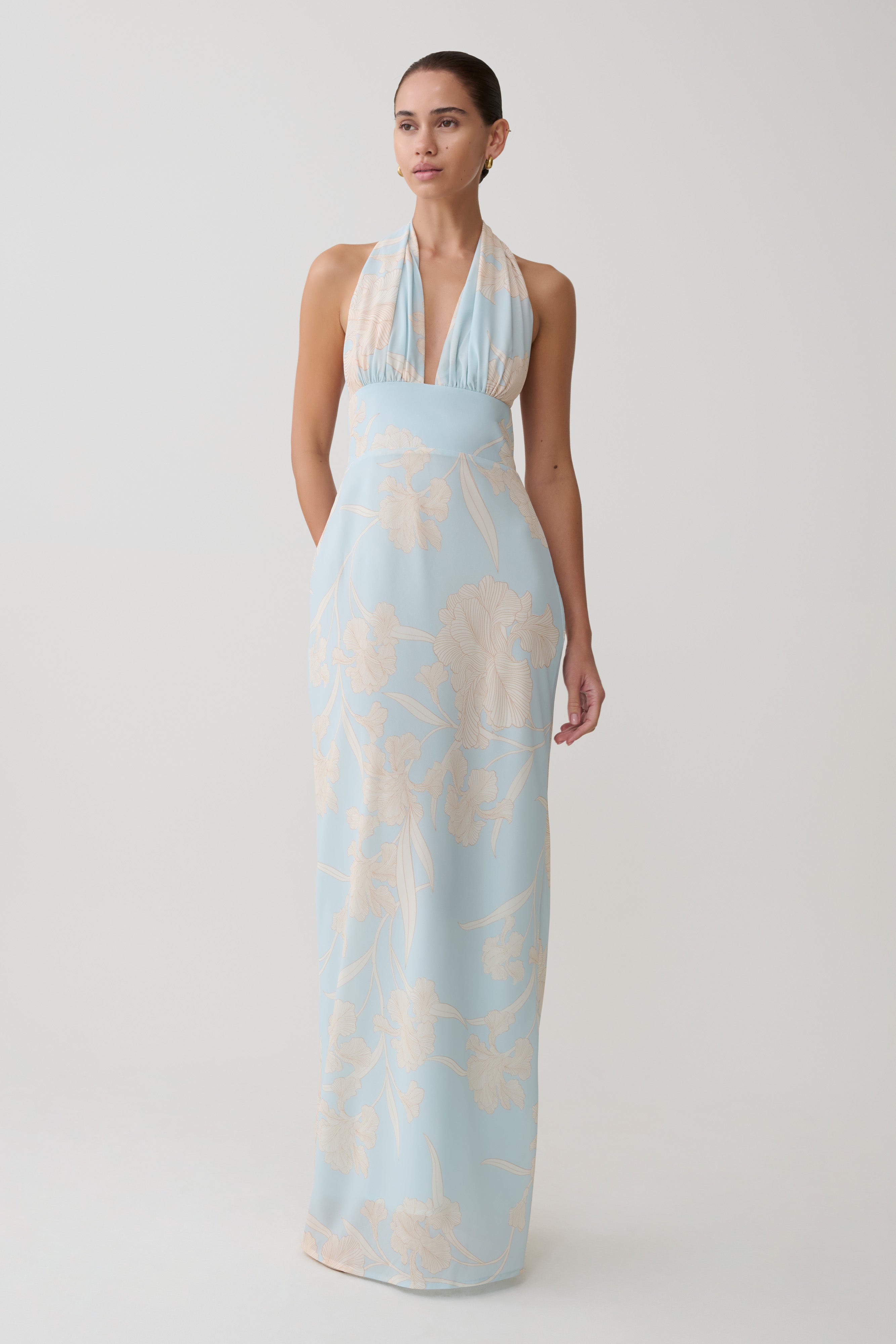 Nadine Halter Scarf Chiffon Maxi Dress - Blue Floral Print