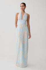 Nadine Halter Scarf Chiffon Maxi Dress - Blue Floral Print