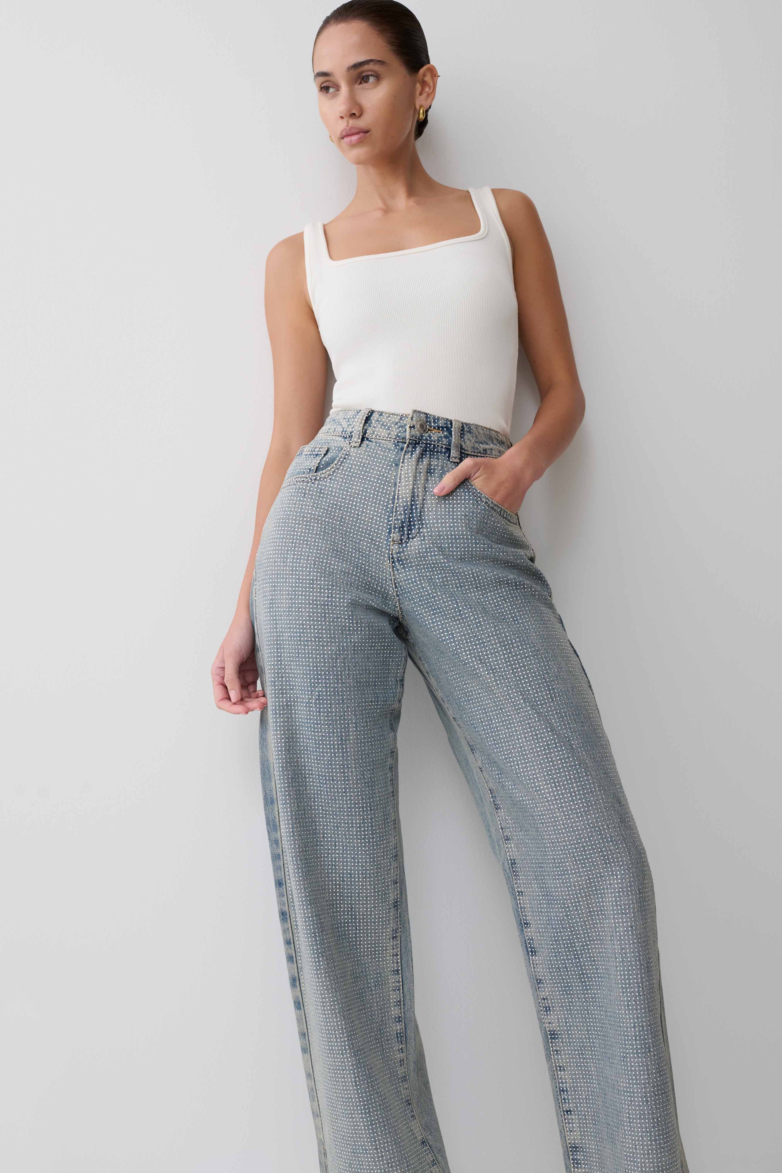 Tyla Diamante Denim Jeans - Blue/Green