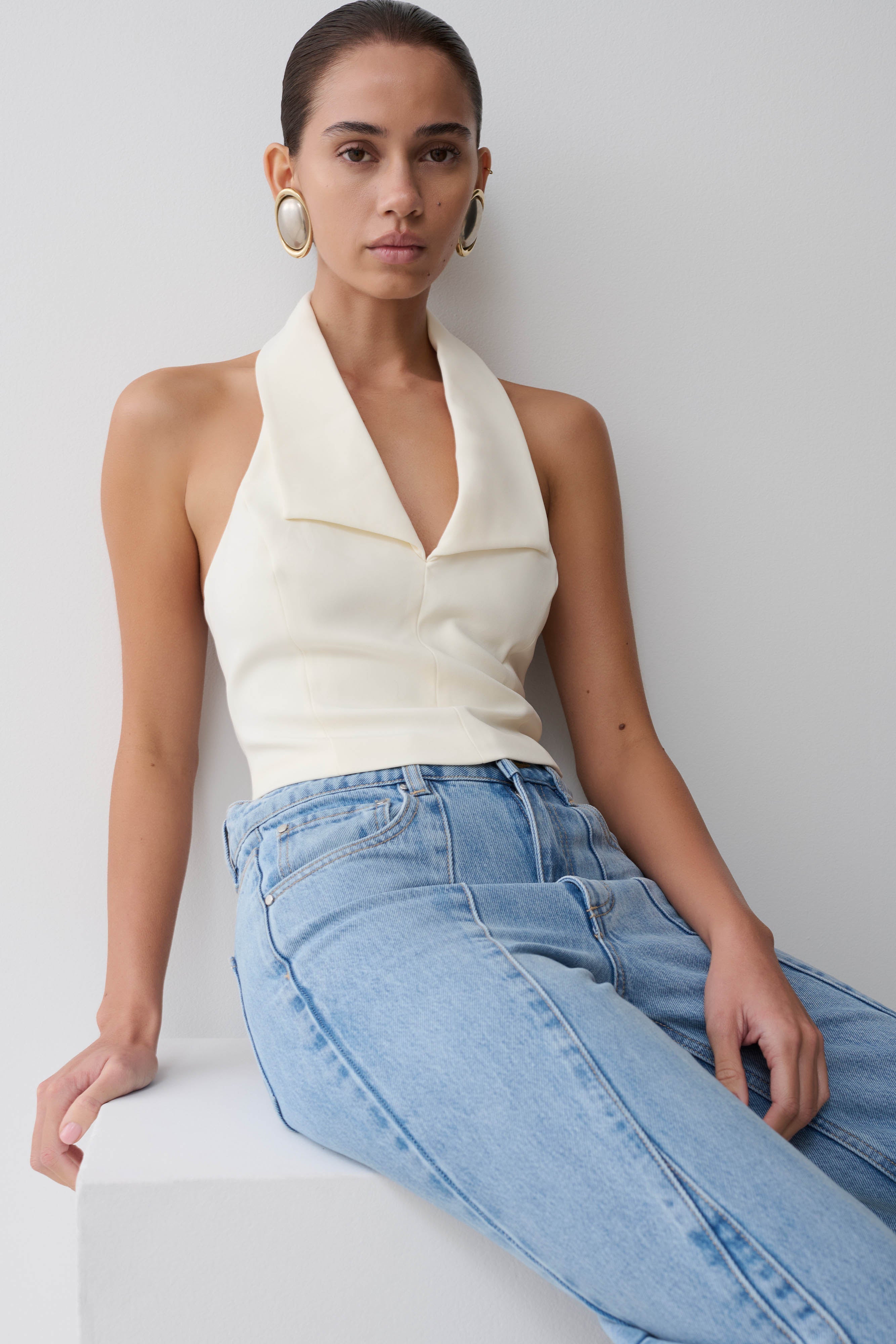 Calla Collared Sleeveless Halter Top - Ivory