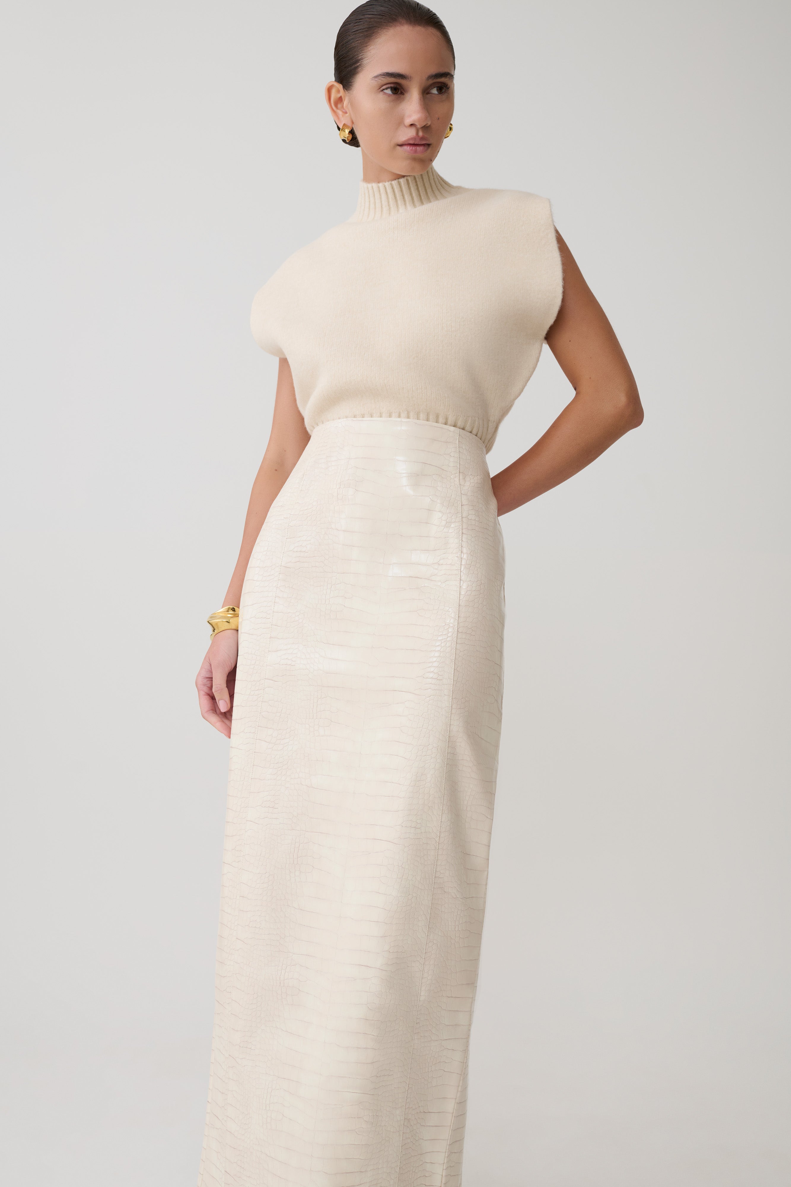 Thalia Croc Faux Leather Midi Skirt - Ivory
