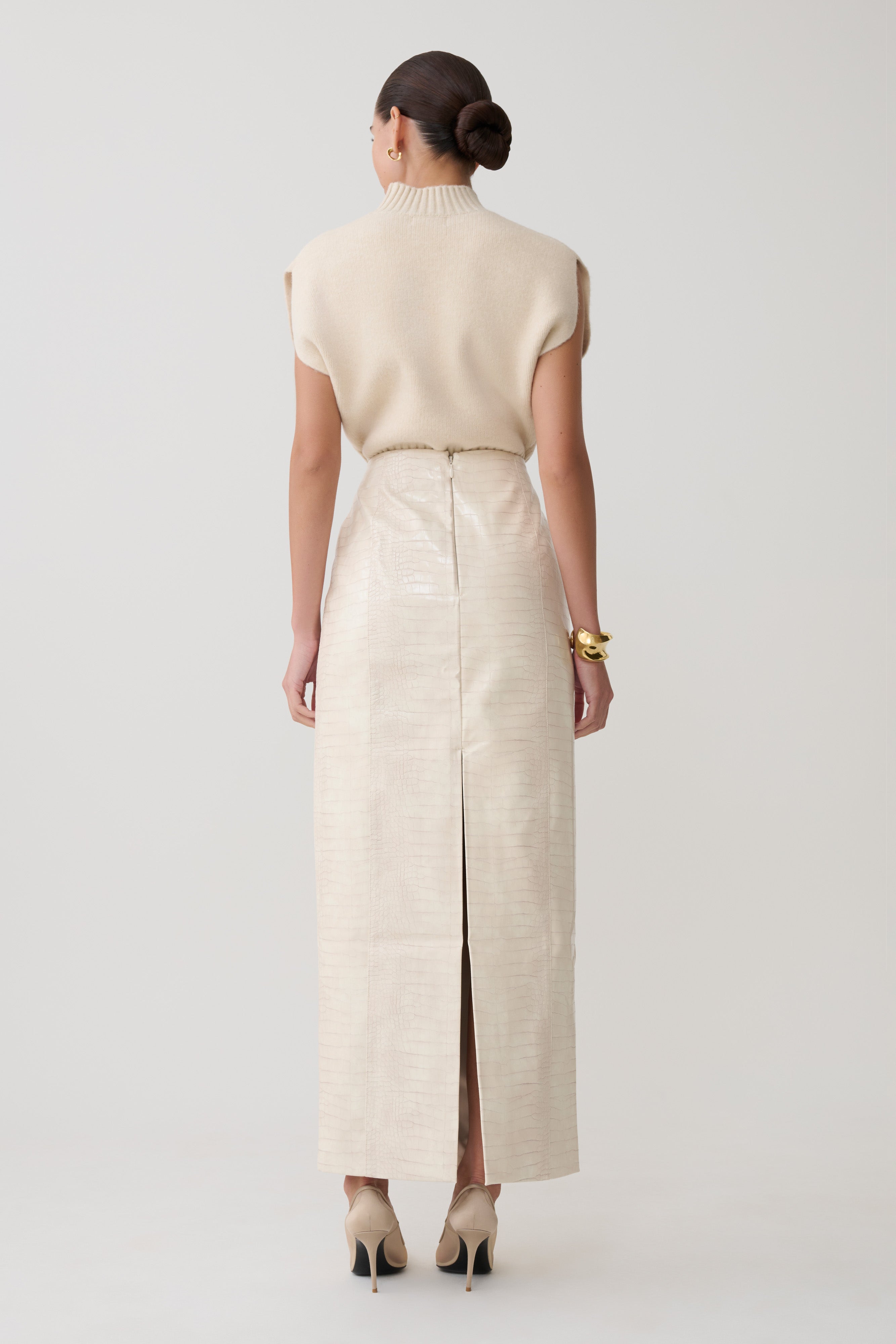 Thalia Croc Faux Leather Midi Skirt - Ivory