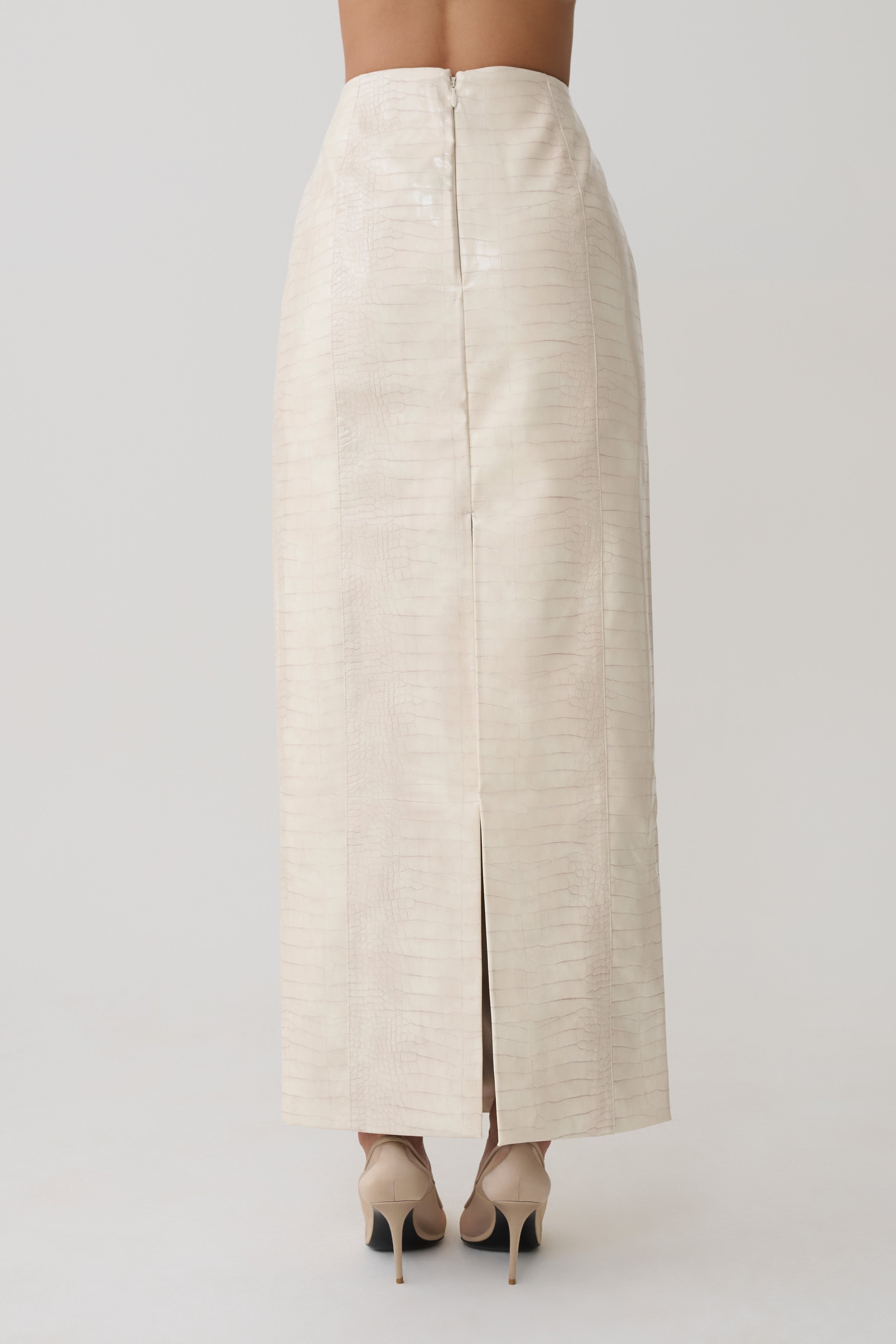 Thalia Croc Faux Leather Midi Skirt - Ivory