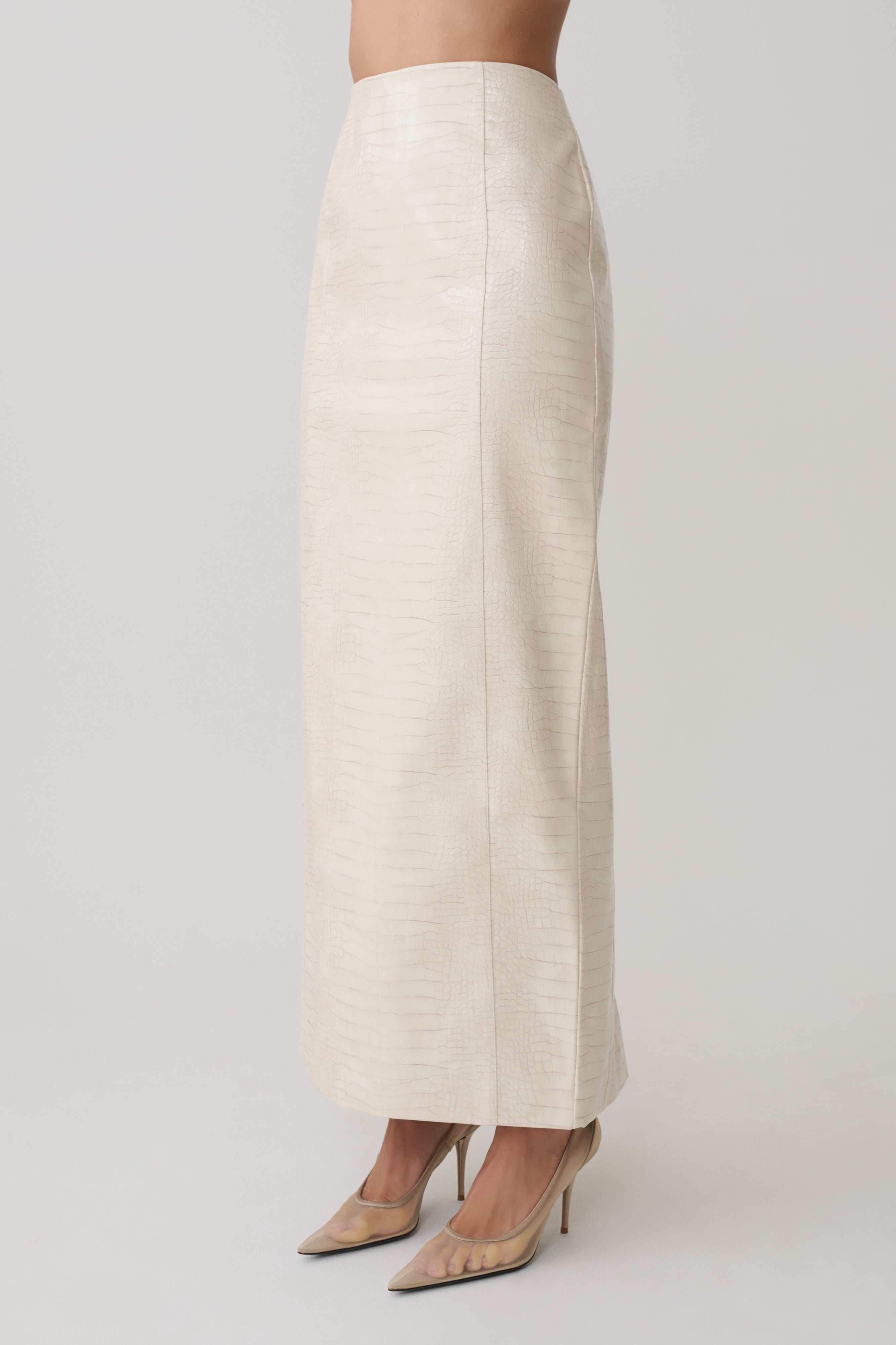 Thalia Croc Faux Leather Midi Skirt - Ivory