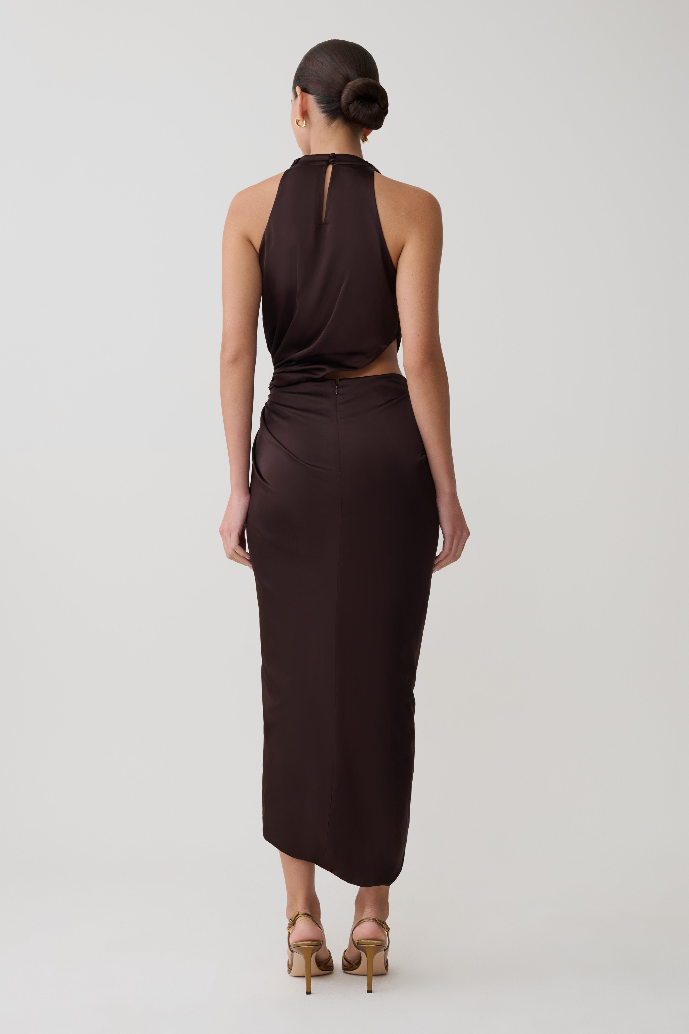 Aveline Draped Halter Midi Dress - Dark Chocolate